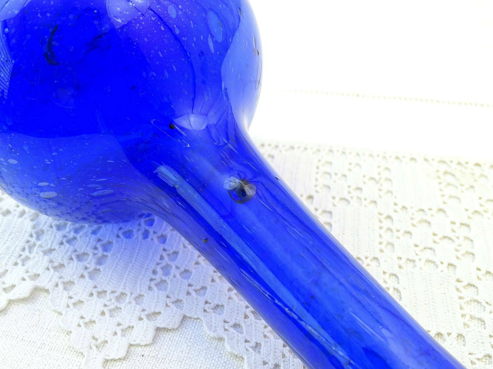 Vintage French Bottle Blue Blown Glass Tall Necked Vase With Random Air Bubbles, Retro Artisan Posy Vase From France, Old Flower Arranging photo 53.0