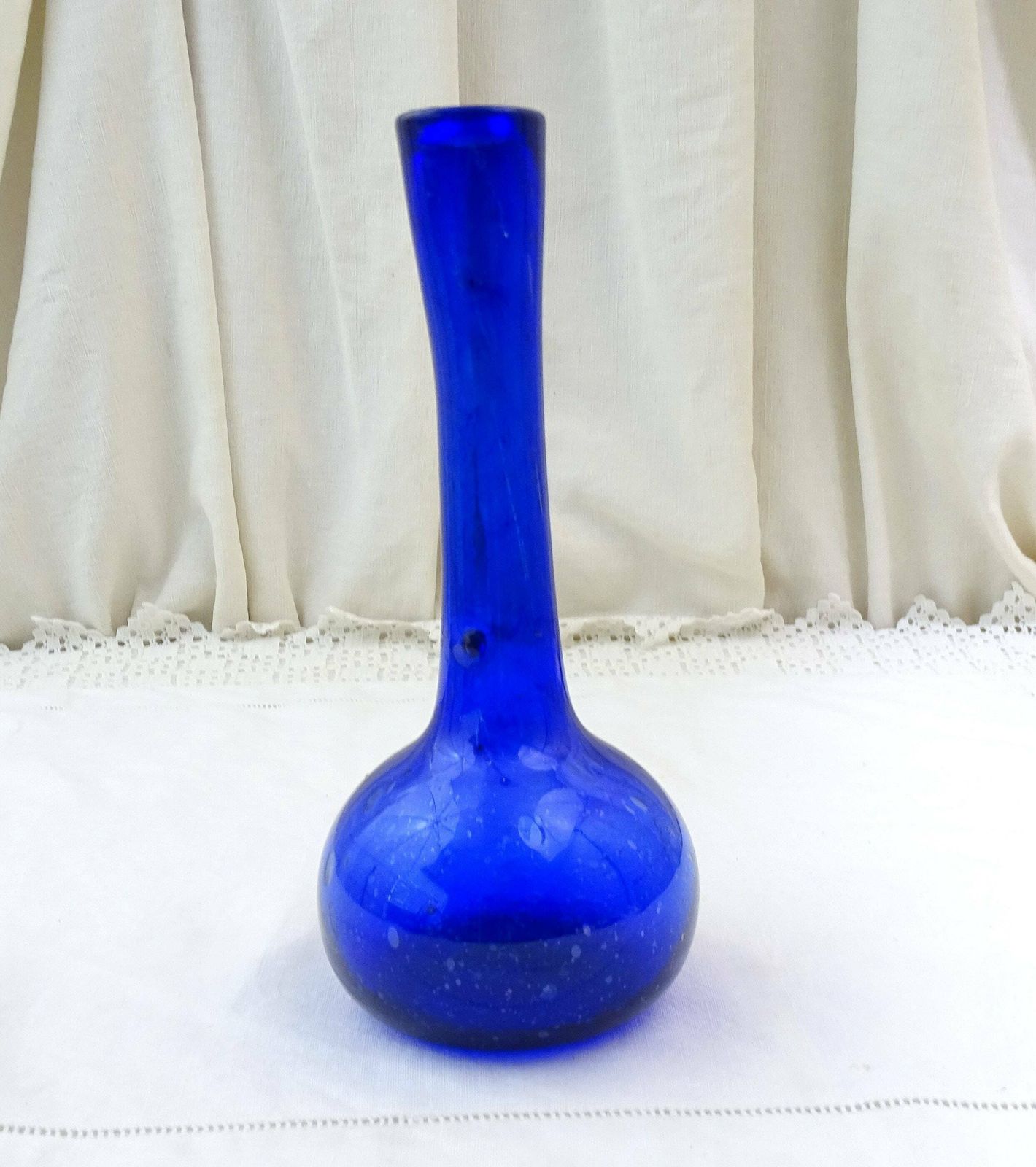 photo furniture Vintage French Bottle Blue Blown Glass Tall Necked Vase With Random Air Bubbles, Retro Artisan Posy Vase From France, Old Flower Arranging