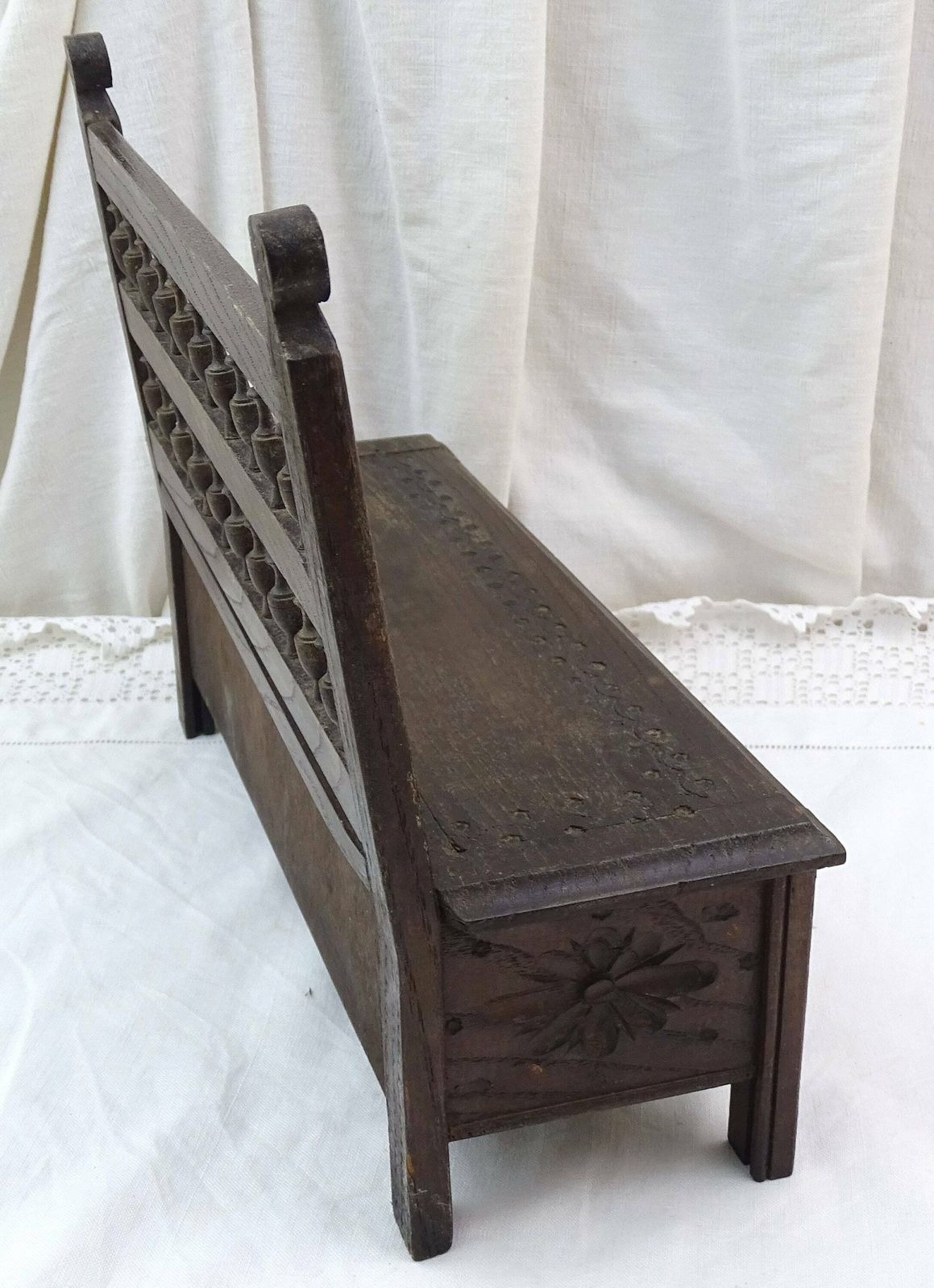 Vintage French Decorative Oak Wood Caved Breton Box Shaped As A Bench, Retro Traditional Wooden Trinket Box From Brittany Made Of Wood photo Furniture