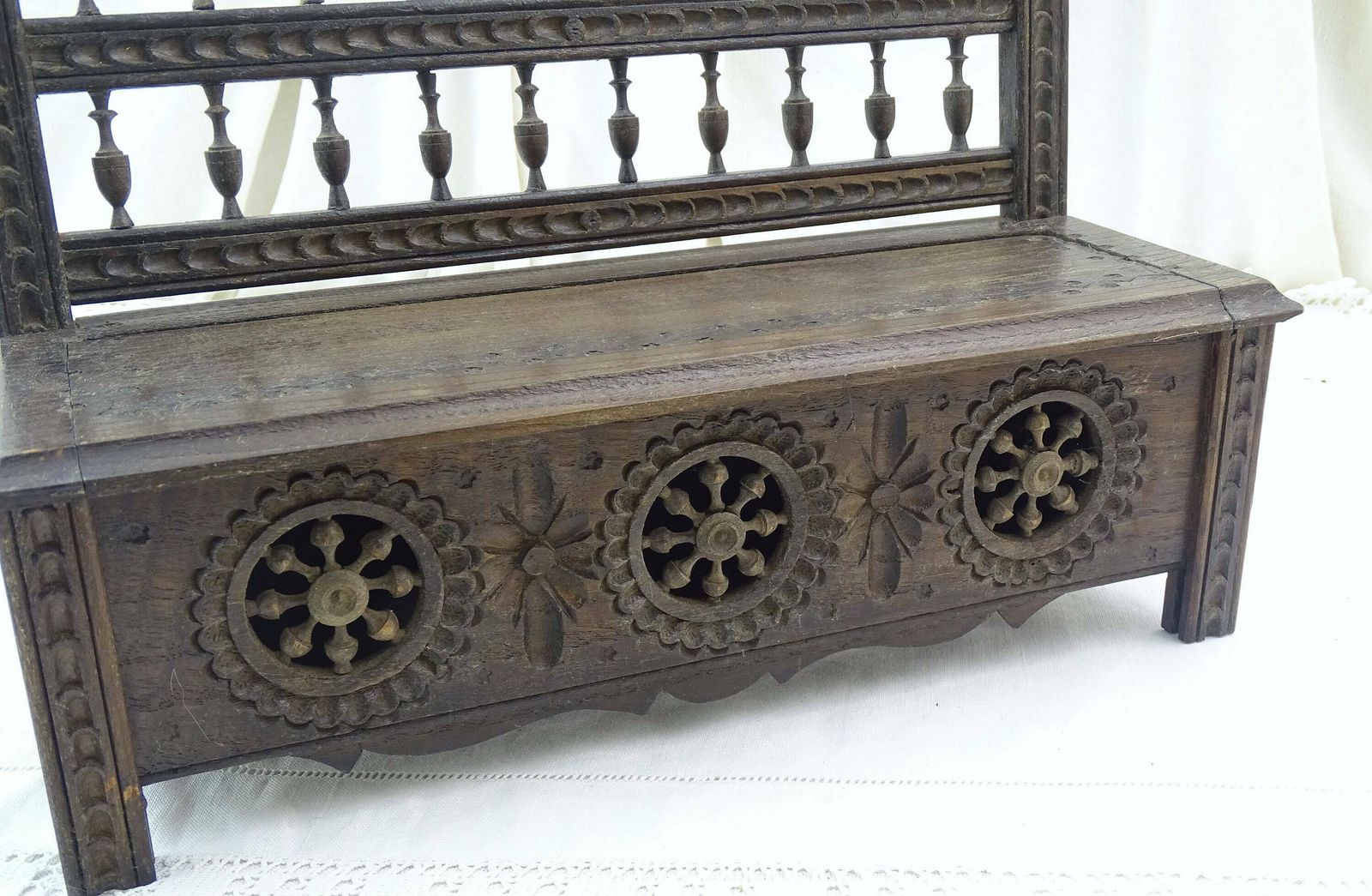 Vintage French Decorative Oak Wood Caved Breton Box Shaped As A Bench, Retro Traditional Wooden Trinket Box From Brittany Made Of Wood photo vintage