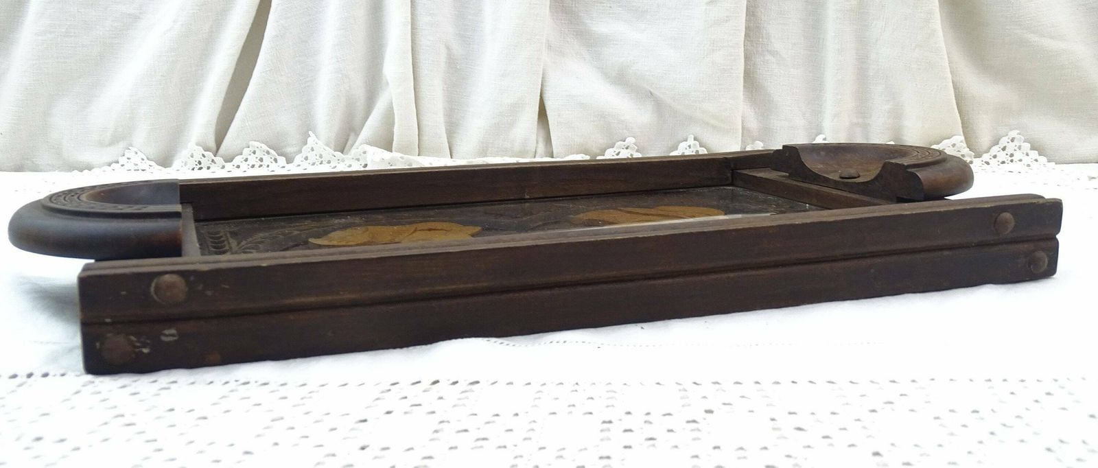 Large Vintage French Hand Carved Oak Wood Serving Tray With 2 Bretons In Traditional Dress Signed Rd With Glass Top, Retro Souvenir Brittany photo vintage