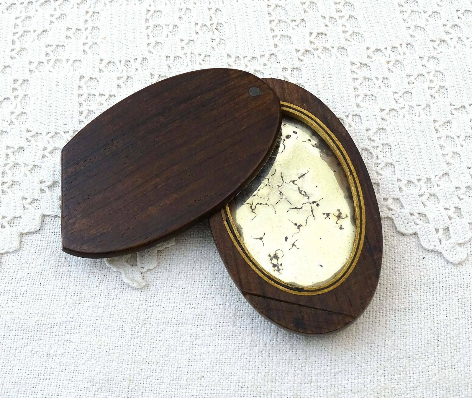 Small Antique French Pocket Distressed Mirror With Wooden Case And Paper Label Stating It Comes From Versailles, 19th C Looking Glass France