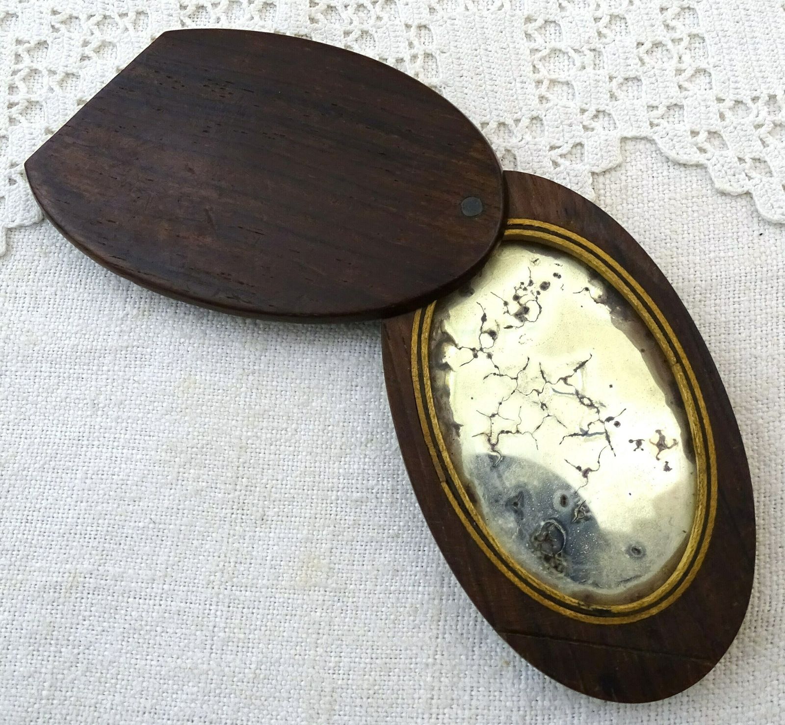 Small Antique French Pocket Distressed Mirror With Wooden Case And Paper Label Stating It Comes From Versailles, 19th C Looking Glass France photo for sale