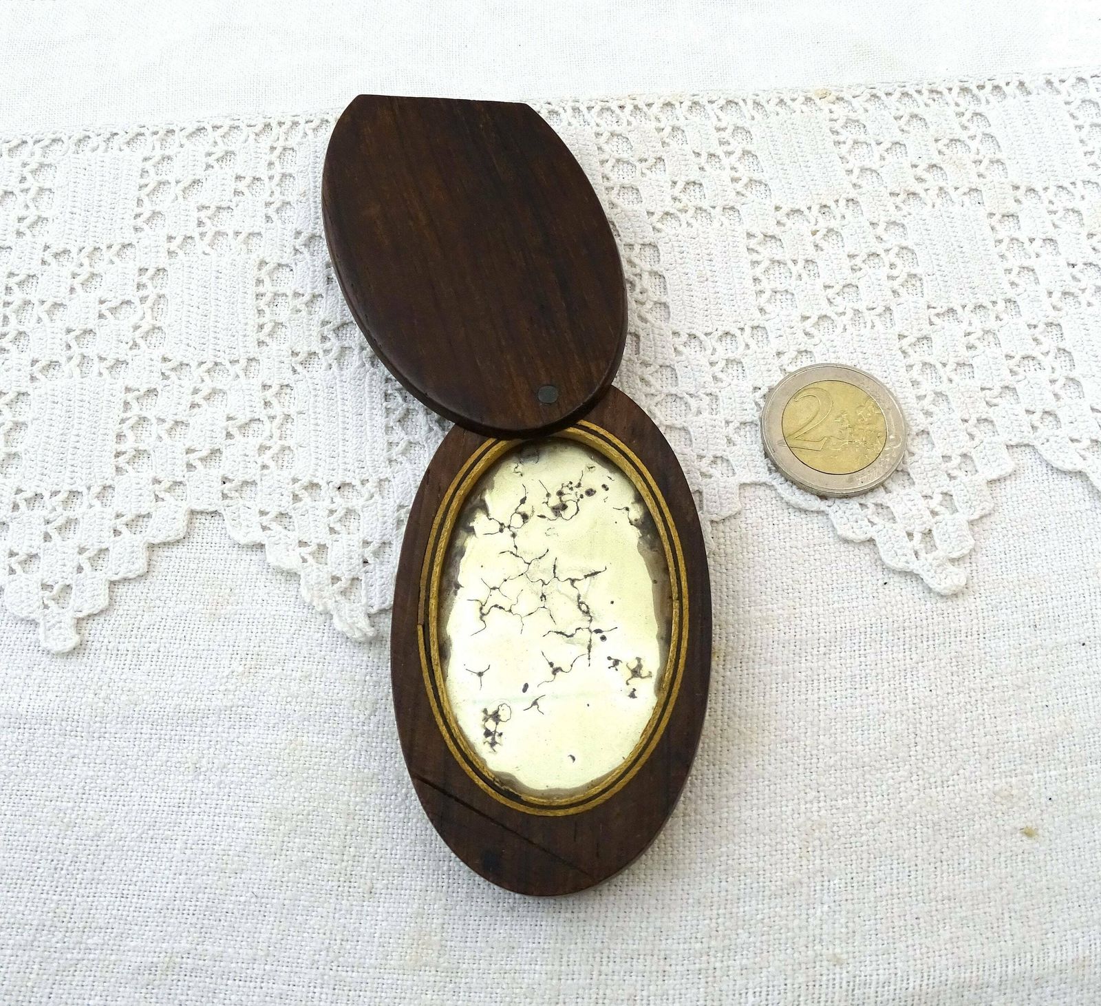 Small Antique French Pocket Distressed Mirror With Wooden Case And Paper Label Stating It Comes From Versailles, 19th C Looking Glass France photo 109.0