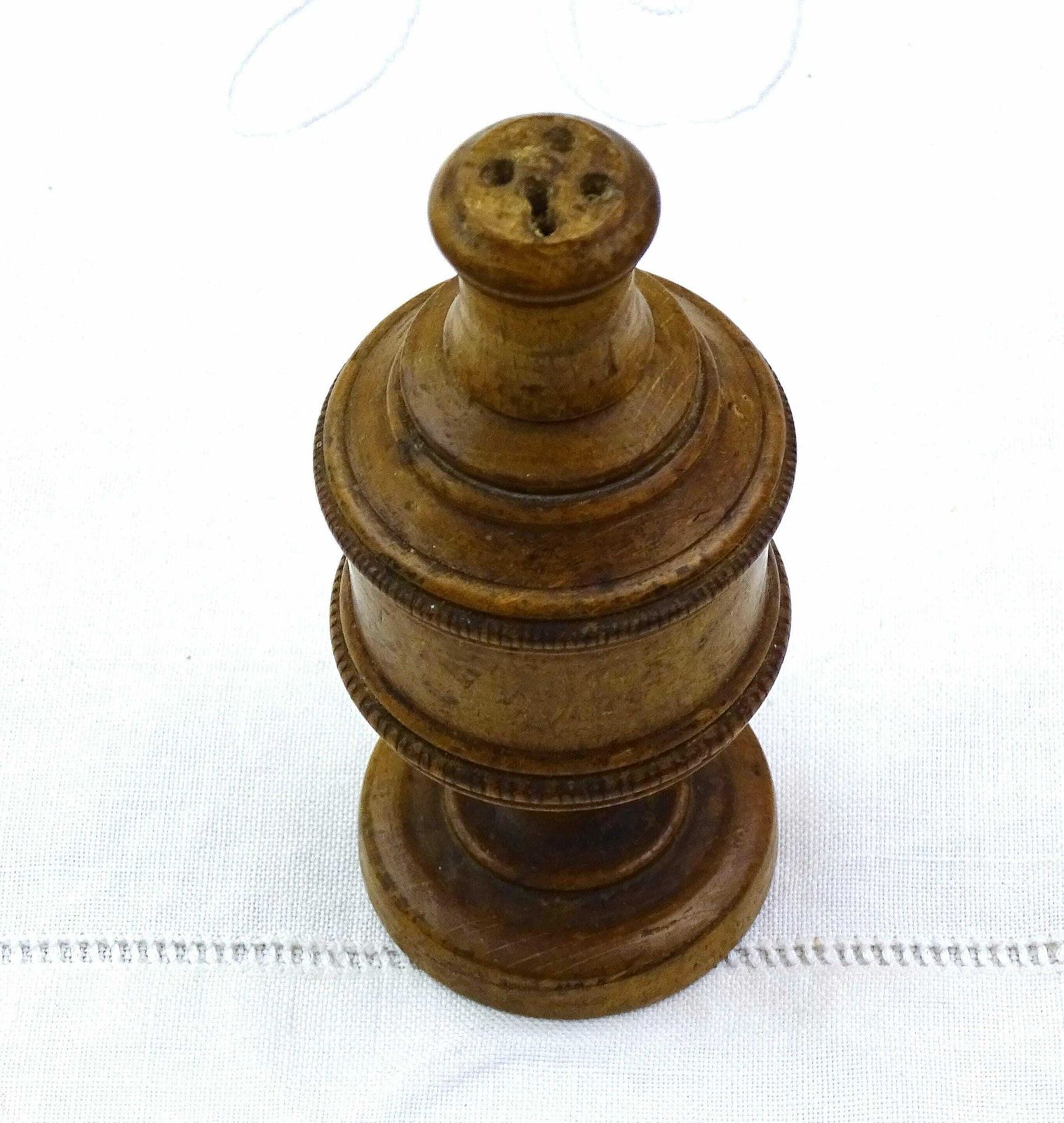 Antique French 18th Century Turned Wooden Footed Powder Shaker, Retro Primitive Treen Shaker Made Of Wood From France, Old World Folk Art photo furniture