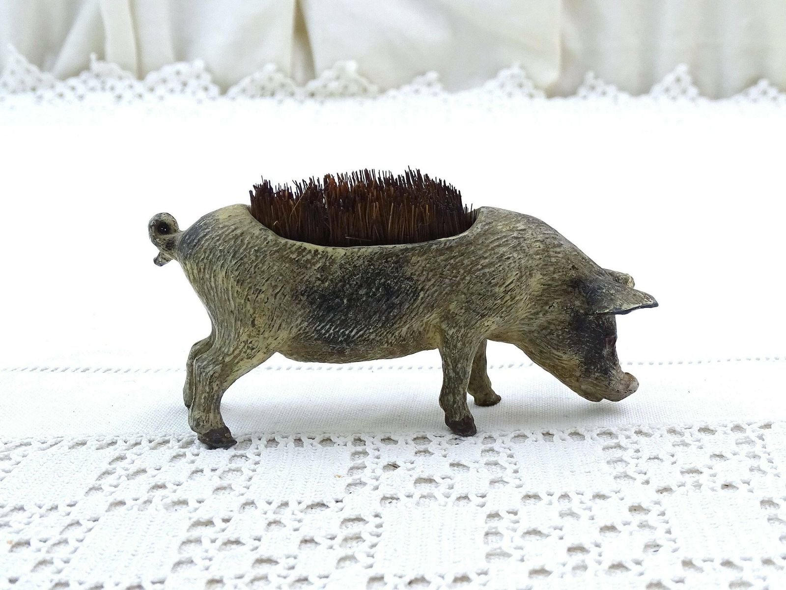 Antique French Cold Painted Metal Pig Fountain Pen Wipe With Bristle Brush, Retro Writing Accessory From France, Collectible Boar