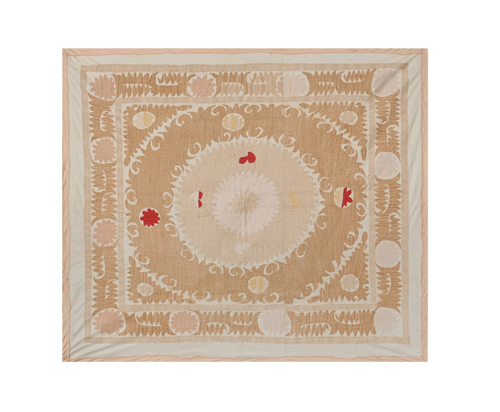 Suzani Wall Hanging Decor   Pastel Suzani Cloth   Tan Uzbek Embroidery 4'4'' X 4'9''