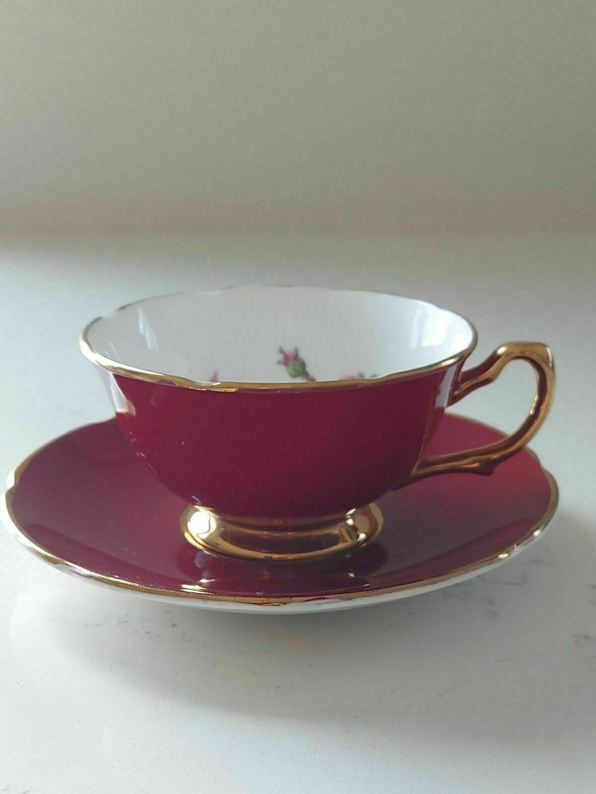 Argyle Cup & Saucer Burgundy Floral Fine Bone China Vintage Made In England photo furniture