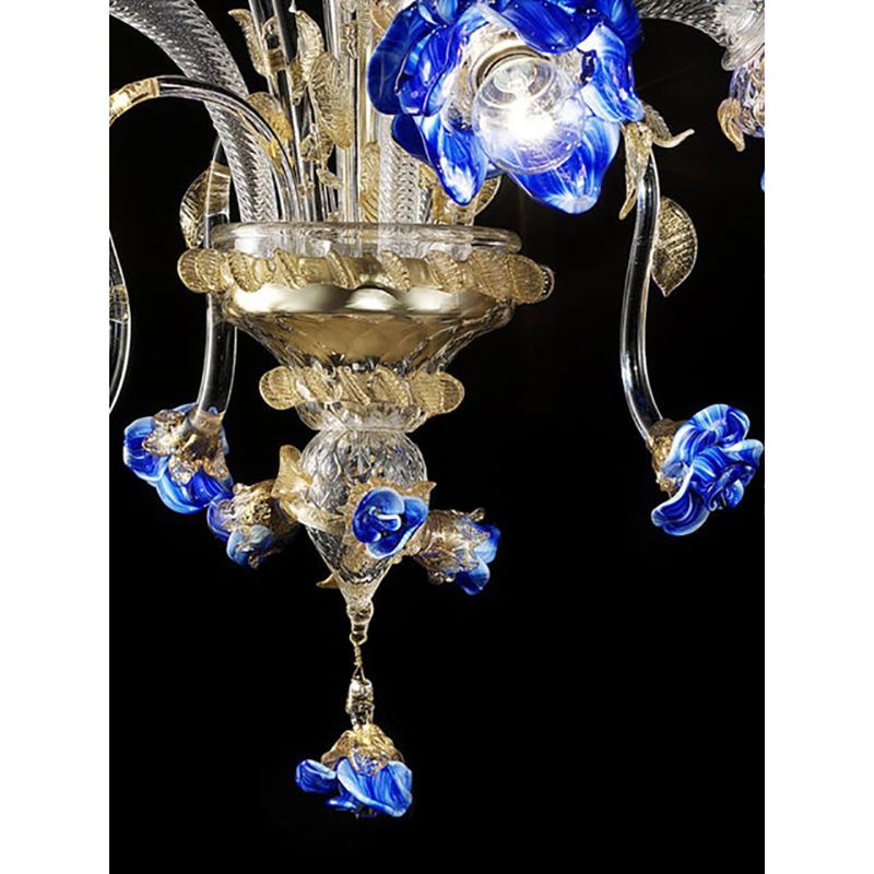 Venetian Blue And Gold Flowers Murano Style Glass Chandelier photo for sale