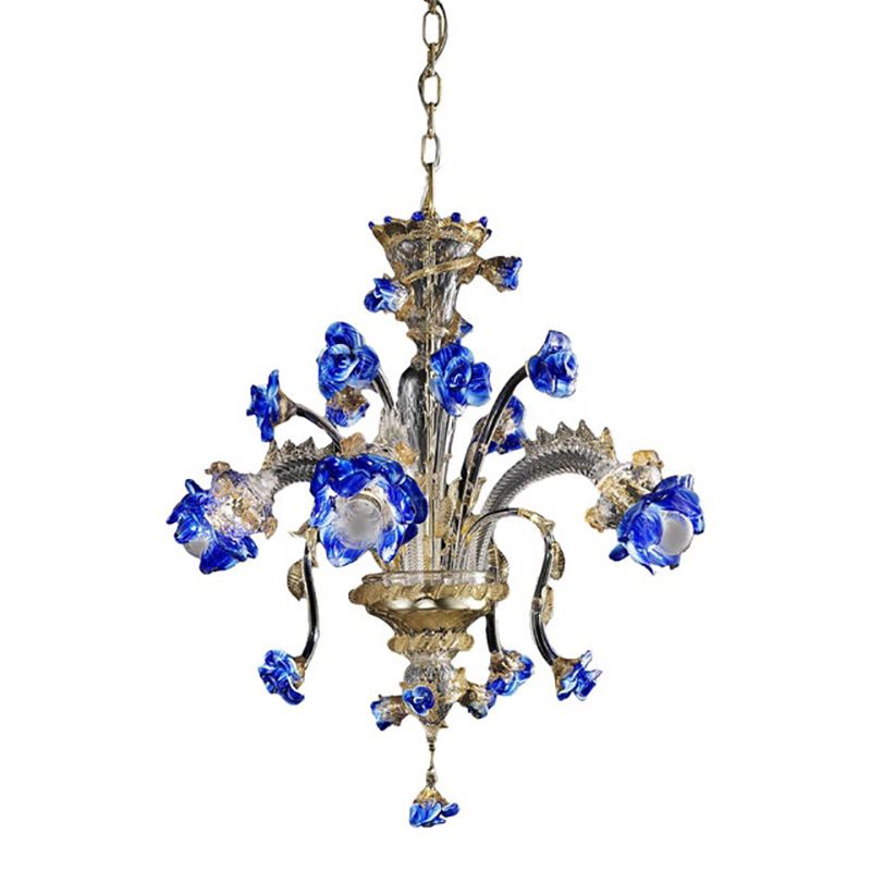Venetian Blue And Gold Flowers Murano Style Glass Chandelier