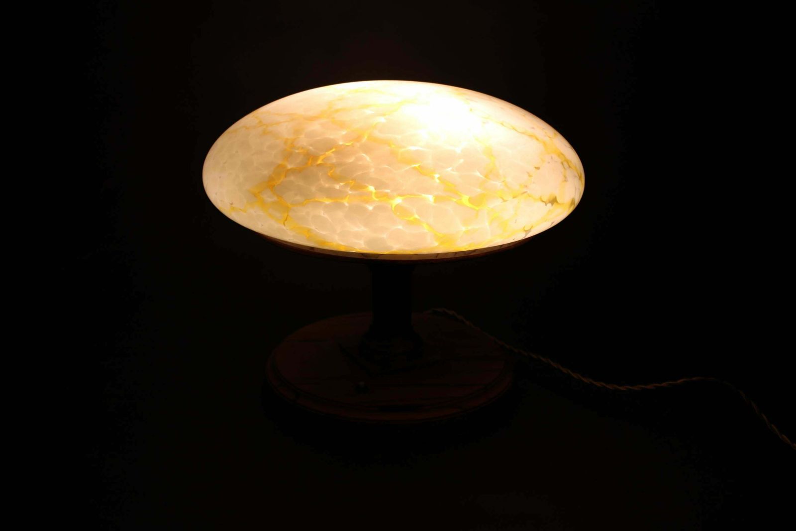467.0 1940s Restored Brass Table Lamp With Wooden Base And Glass Shade photo
