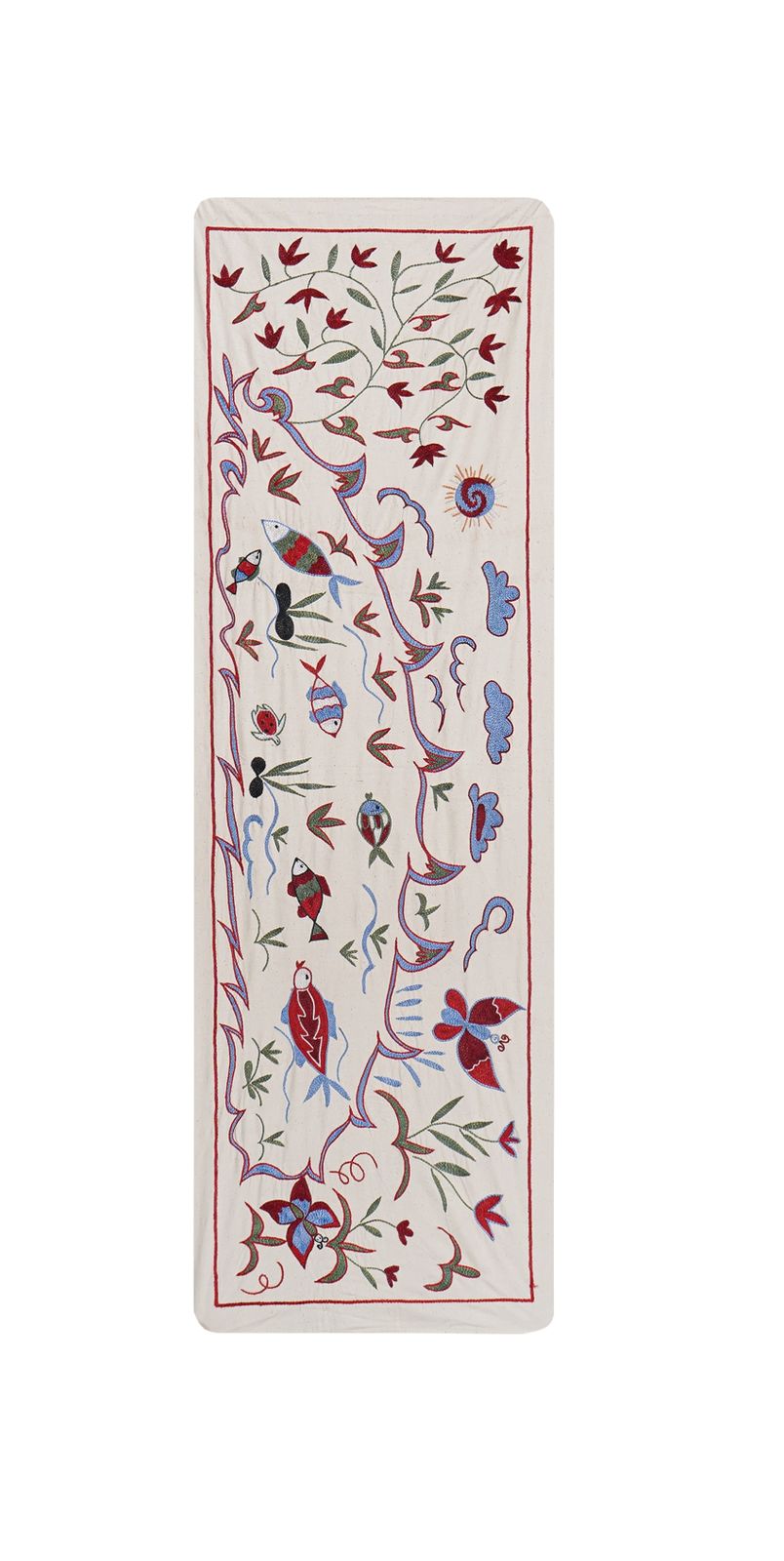 photo furniture Uzbek Suzani Cotton Table Runner   Fish Embroidered Design Perfect For Unique Home Decor 1'6'' X 4'6''
