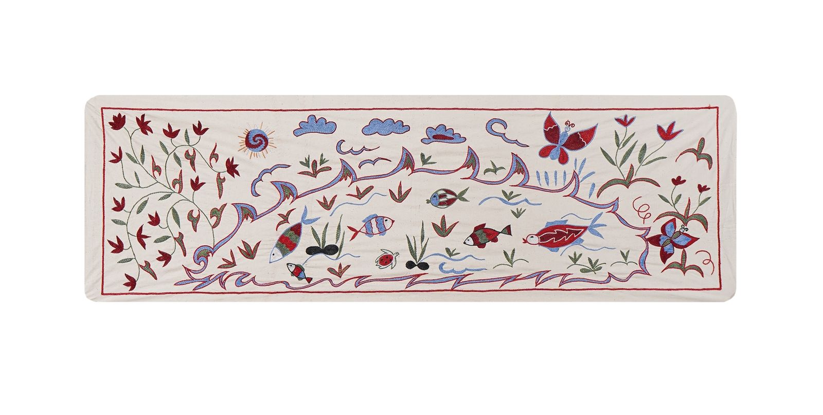 Uzbek Suzani Cotton Table Runner   Fish Embroidered Design Perfect For Unique Home Decor 1'6'' X 4'6''