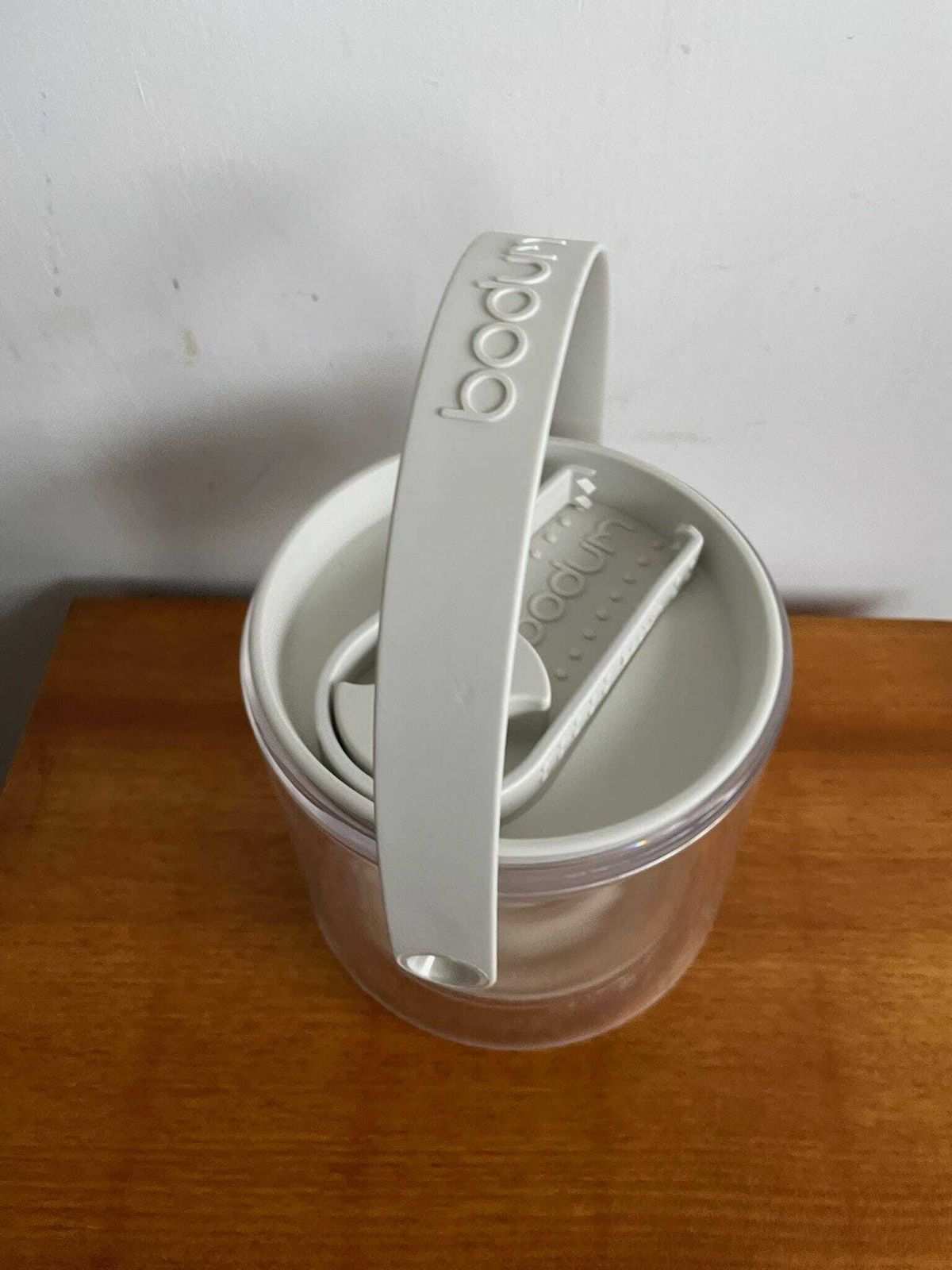 Vintage Cream Grey Danish Bodum Postmodern Plastic Ice Bucket With Tongs And Lid photo for sale