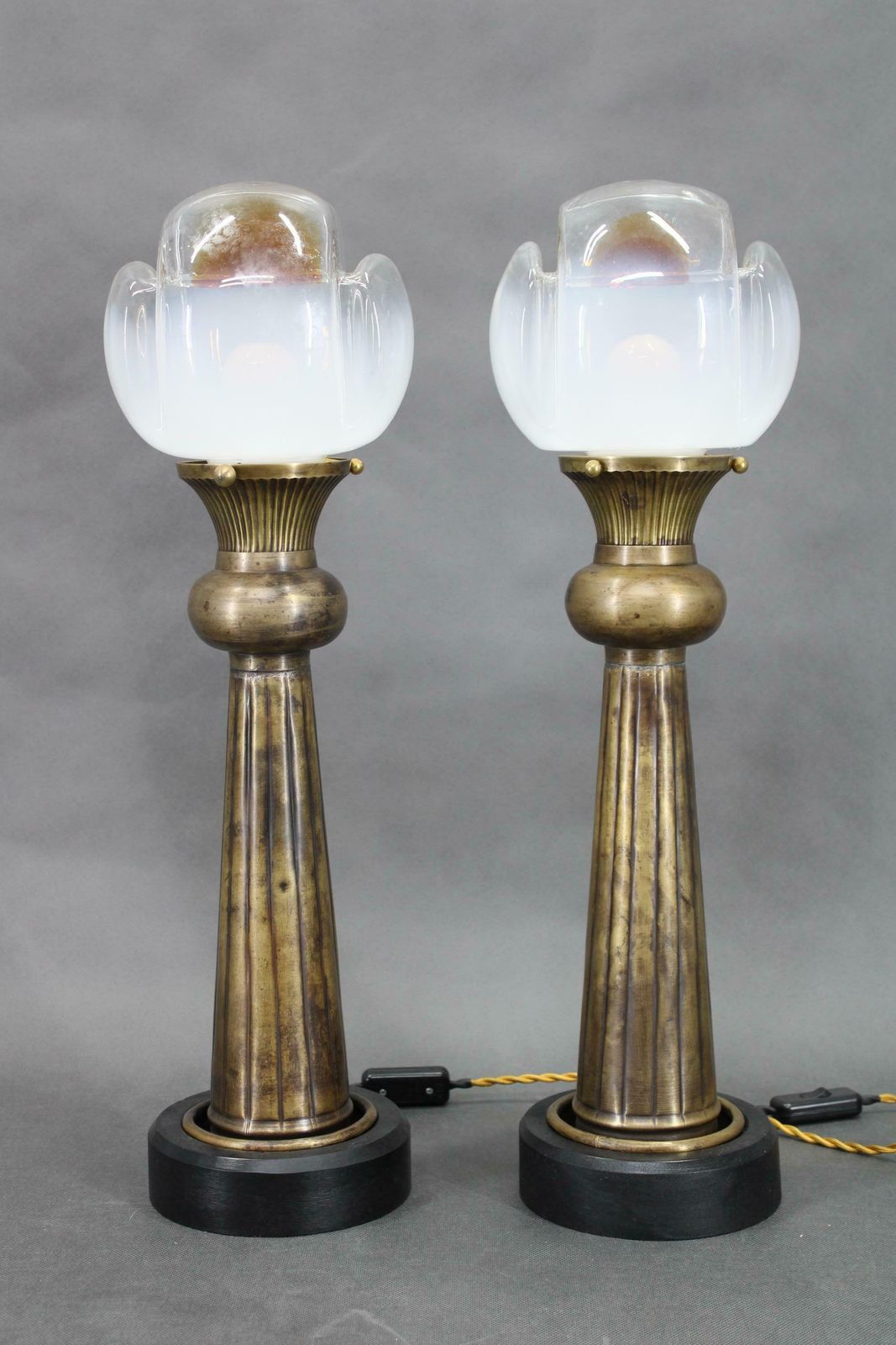 1940s Pair Of Italian Restored Brass Table Lamps With Glass Shades photo furniture