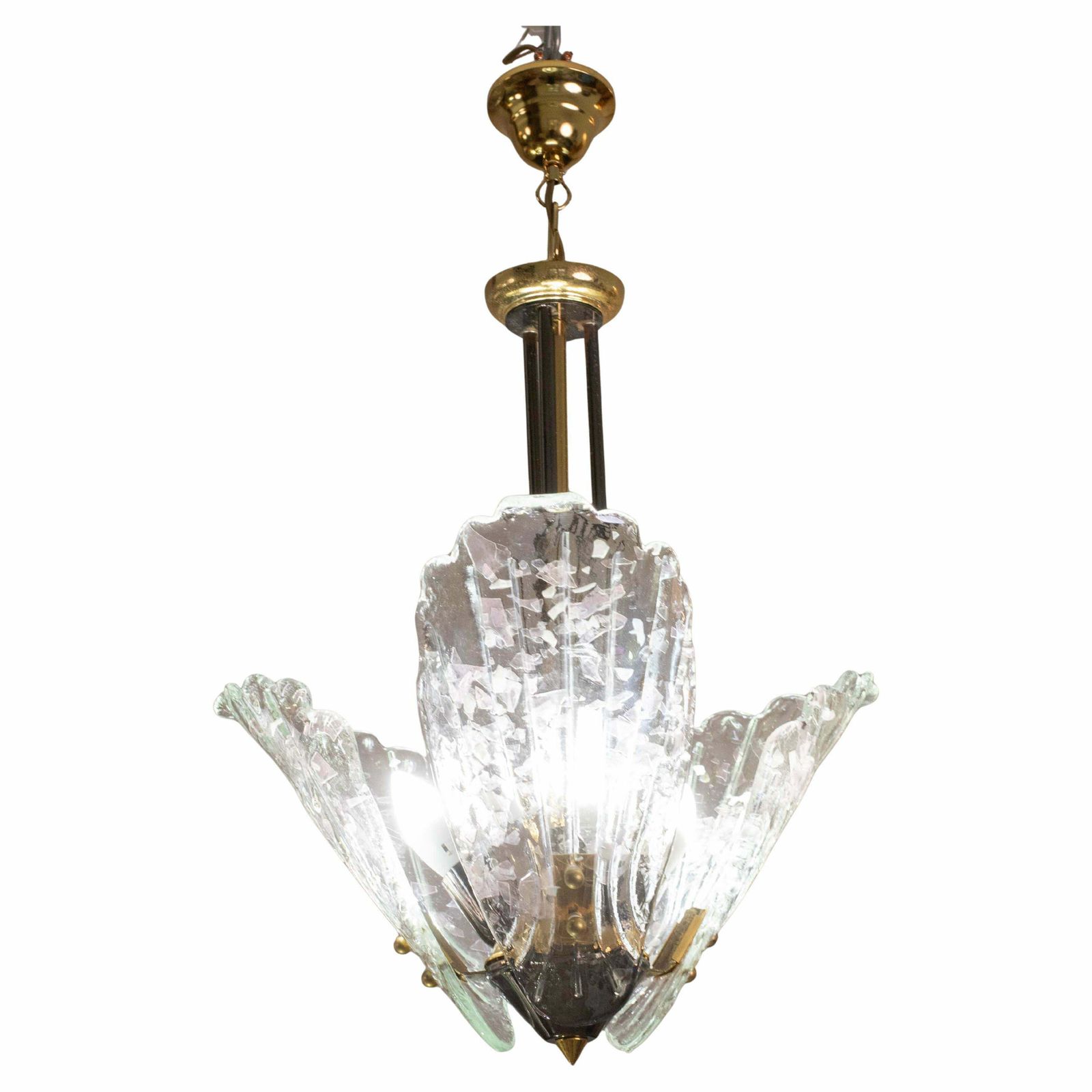 Elegant Murano Chandelier With 3 Leaves Iridescent In Murano Glass