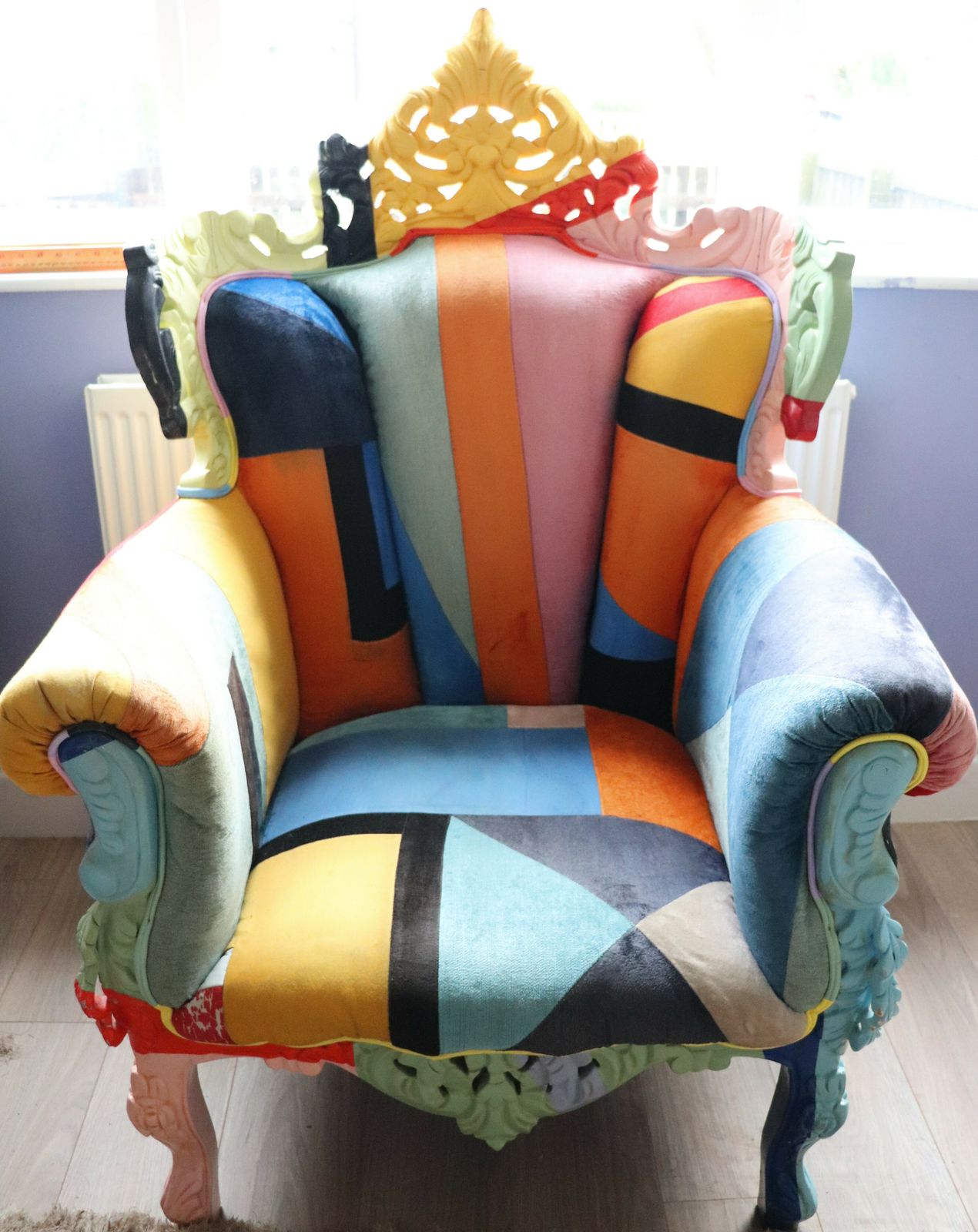 Big Brother 2009 Style Wing Arm Chair Colourful Velour Patchwork Wooden Frame photo 350.0