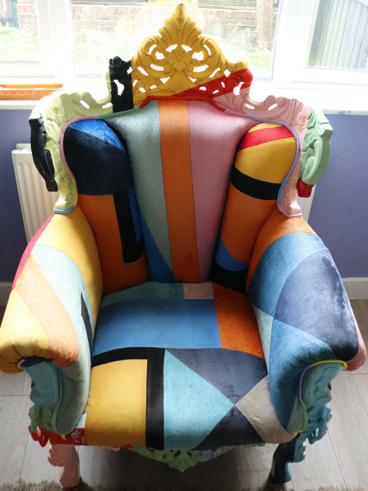 Big Brother 2009 Style Wing Arm Chair Colourful Velour Patchwork Wooden Frame photo vintage