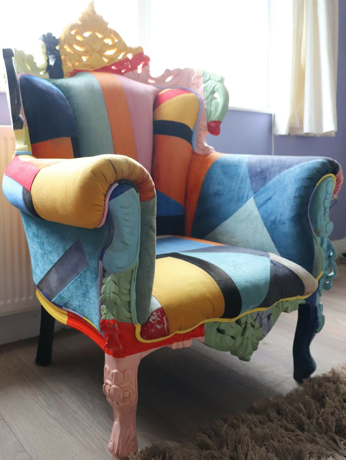 photo for sale Big Brother 2009 Style Wing Arm Chair Colourful Velour Patchwork Wooden Frame