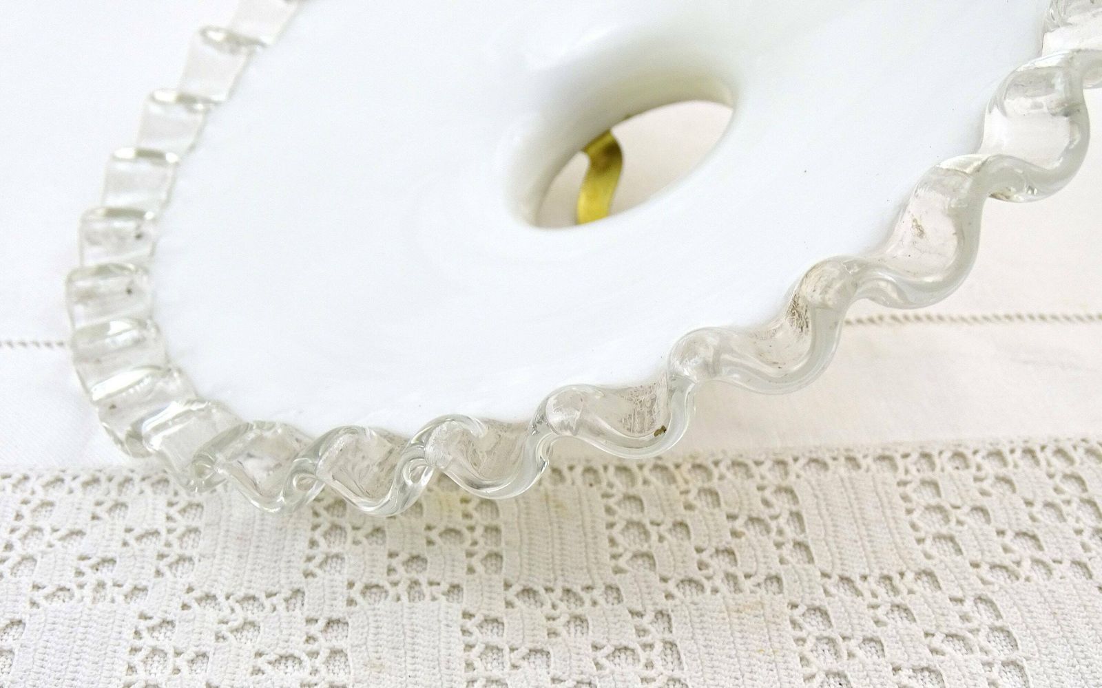 Antique French White Glass Pendant Light Shade With Clear Frilled Edge, Vintage Country Lighting Accessory From France, Farmhouse Decor photo vinterior