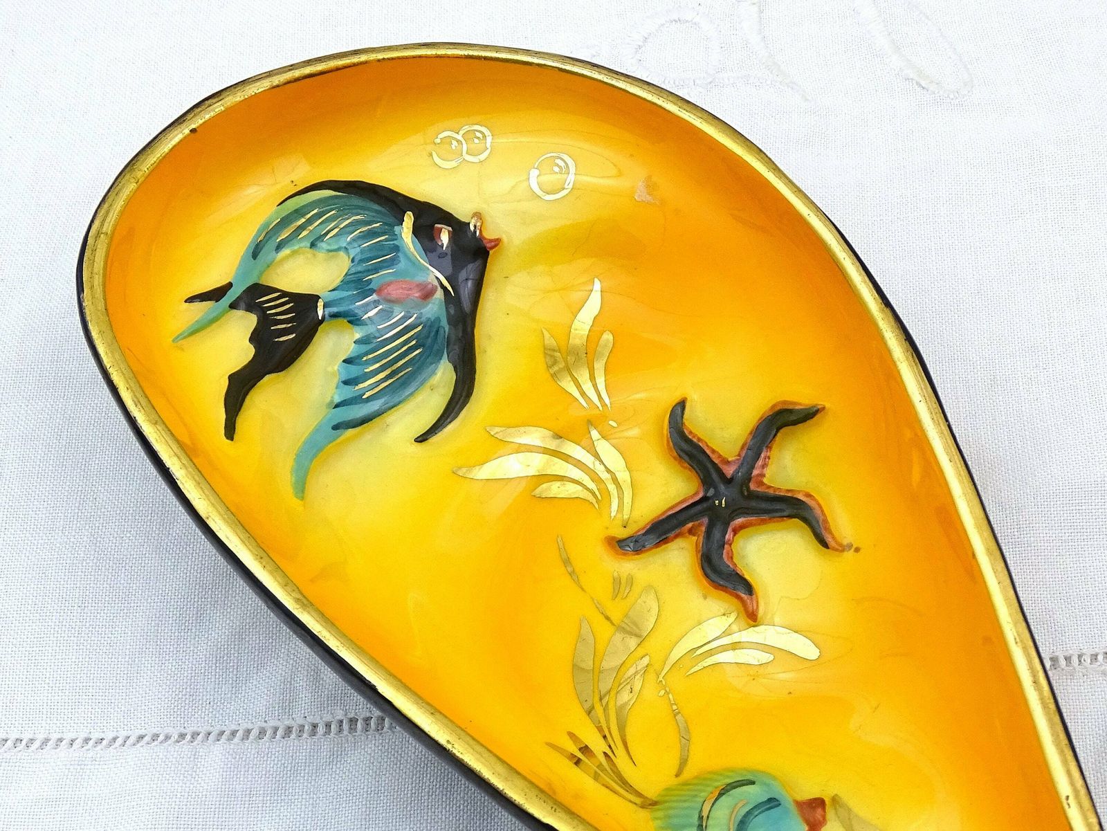 Vintage Mid Century Cerazur Monaco Oyster Shaped Vide Poche With Exotic Fish In Bright Yellow And Black On 3 Legs, Retro 1950s Trinket Dish photo for sale