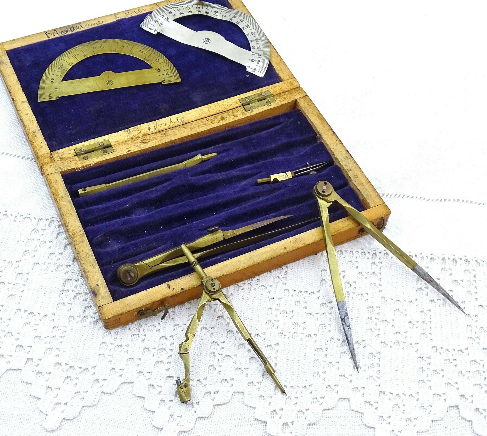 Small Antique French Draftsman Set With Brass Tools Purple Velvet Lined Wooden Box, Retro Drawing Accessory From France, Compass Set photo furniture