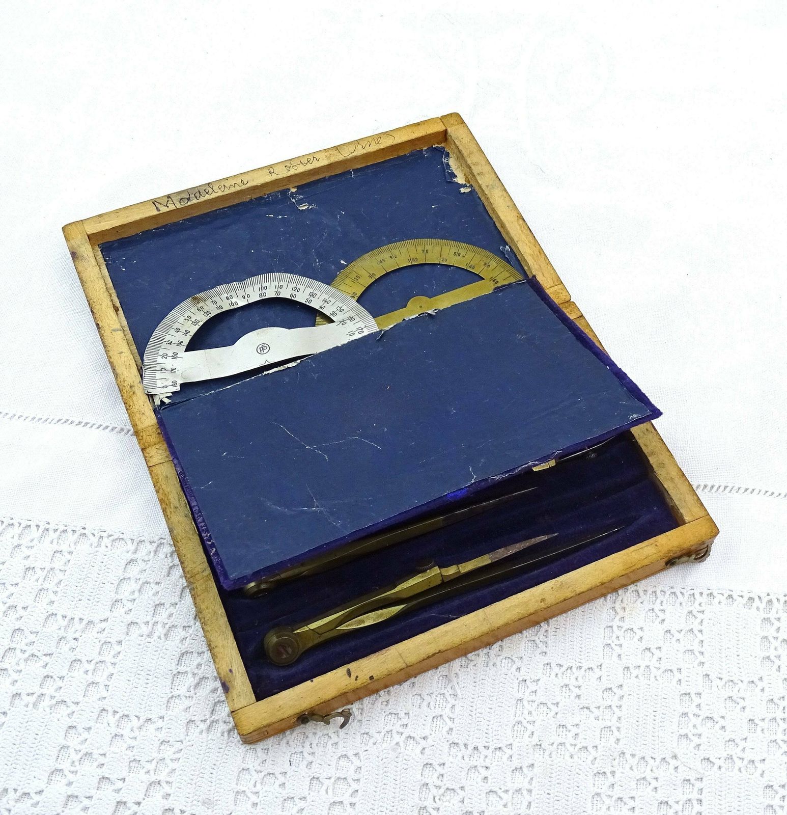 Small Antique French Draftsman Set With Brass Tools Purple Velvet Lined Wooden Box, Retro Drawing Accessory From France, Compass Set photo vinterior