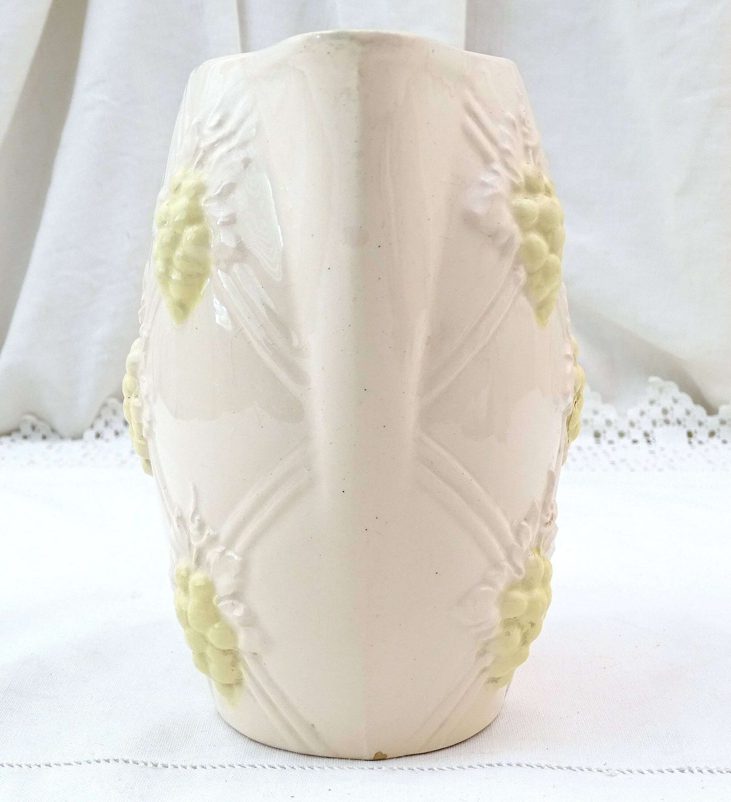 Antique French Digoin Majolica Ceramic Pitcher In Pale Pink And Yellow With Grape Pattern, Vintage Decorative Pottery Jug From France photo buy
