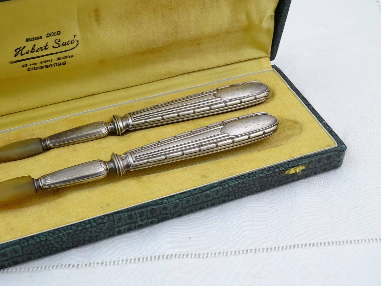 French Antique Boxed Sterling Silver And Horn Salad Serving Spoon And Fork Set By Luber & Cie Hallmarked, Victorian Flatware From France photo Home Decor
