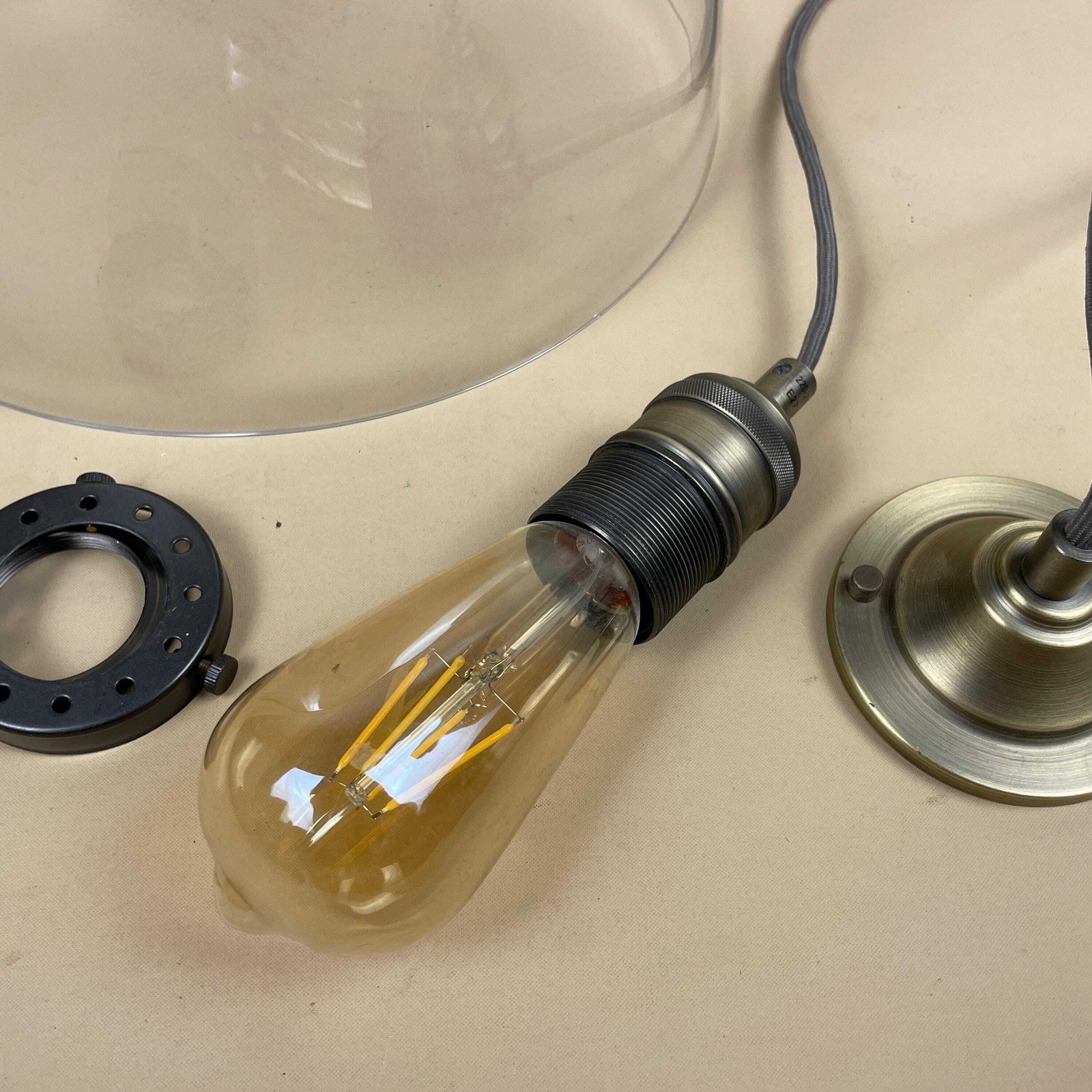 Heals Ceiling Light Brass Gold Metal Hanging Pendent Clear Glass Globe Dome Round Wire Suspended Heal's photo for sale