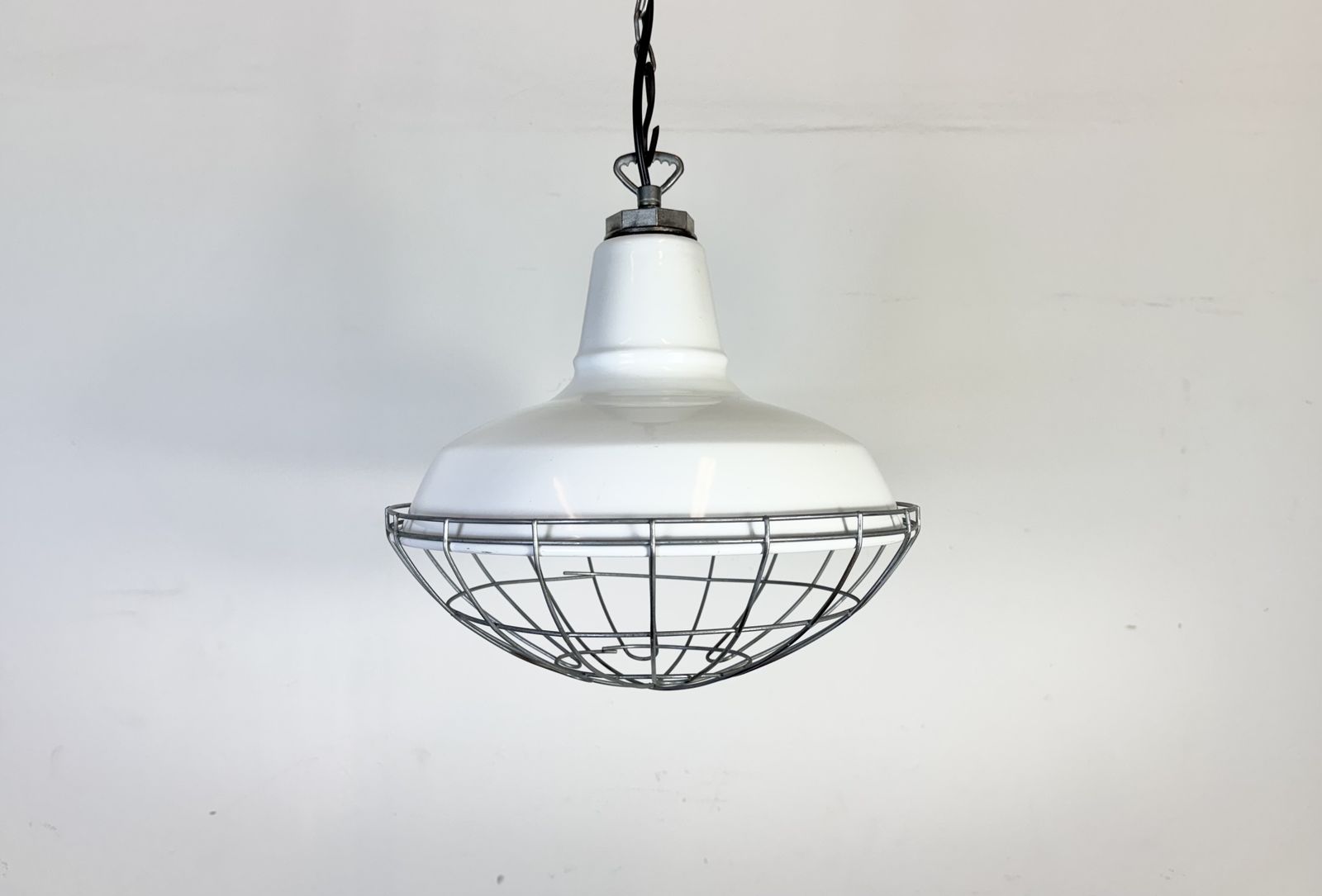 Industrial White Enamel Factory Pendant Lamp From Benjamin USA, 1960s, 2x photo for sale
