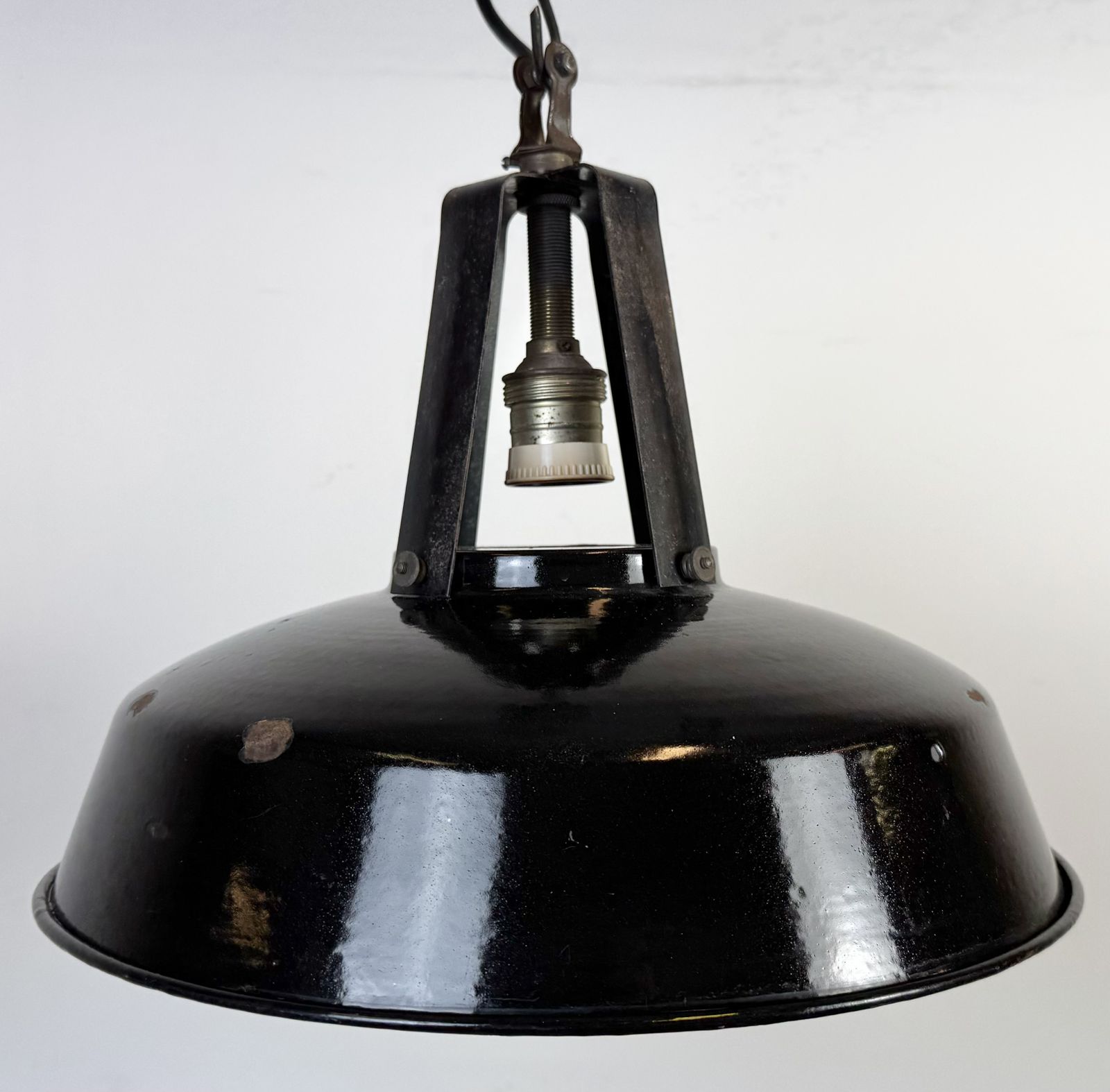 Lighting Industrial French Black Enamel Pendant Lamp From Mazda, 1960s photo