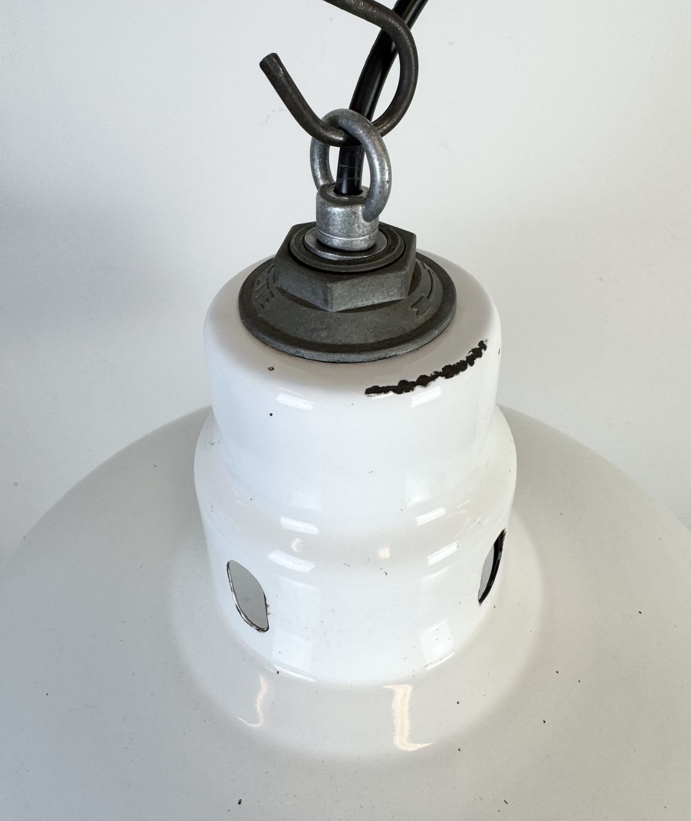 Industrial White Enamel Factory Pendant Lamp From Abolite, 1960s photo for sale
