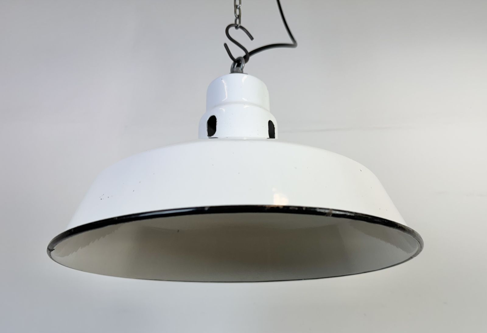 photo for sale Industrial White Enamel Factory Pendant Lamp From Abolite, 1960s