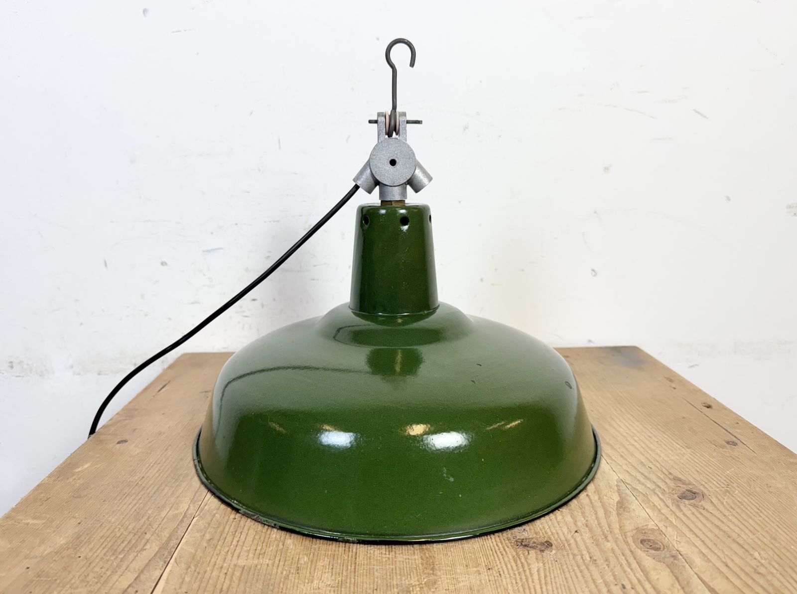 Industrial French Green Enamel Factory Pendant Lamp, 1960s photo Lighting
