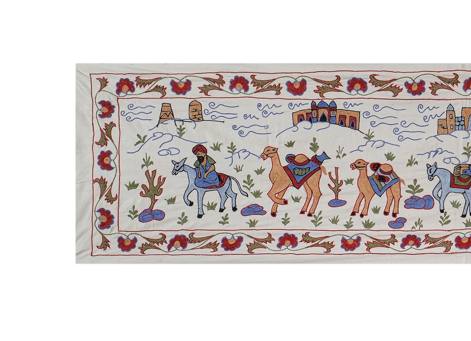 Bohemian Suzani Wall Hanging – White Animal Pictorial Silk Handmade Uzbek Design   Camel Uzbek Runner 1'6'' X 6'1'' photo vinterior