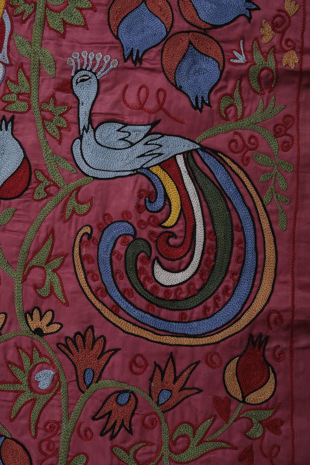 Peacock And Fish Suzani Wall Tapestry – Hand Embroidered Vibrant Red Animal Uzbek Textile 1'8'' X 6'2'' photo vintage