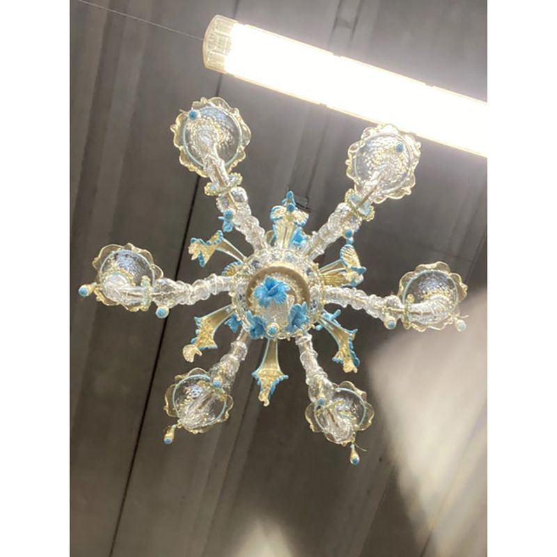 Contemporary Venetian Transparent Gold Murano Style Glass Chandelier With Leaves And Turquoise Flowers photo furniture