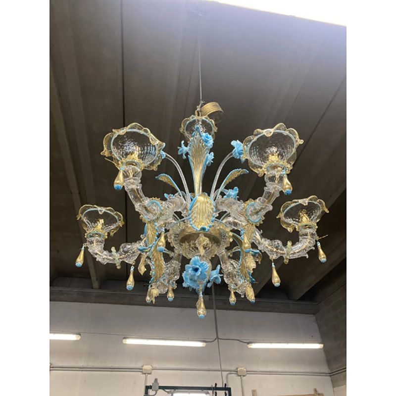 Contemporary Venetian Transparent Gold Murano Style Glass Chandelier With Leaves And Turquoise Flowers photo for sale