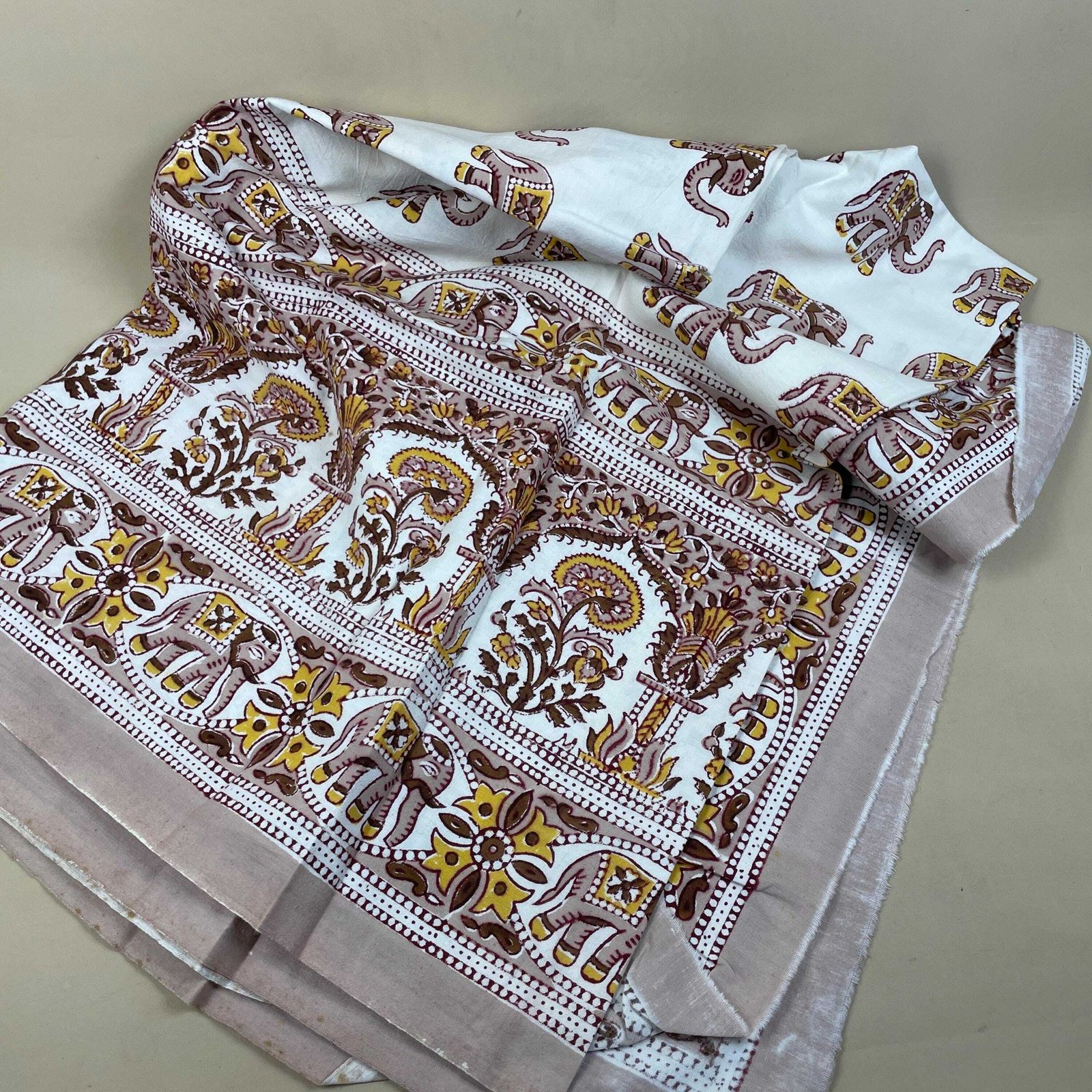 Hand Printed Indian Fabric 146x217cm Elephant Pattern Block Pink White Tapestry Cotton Handmade Craft Dress Making Traditional Cloth India photo furniture