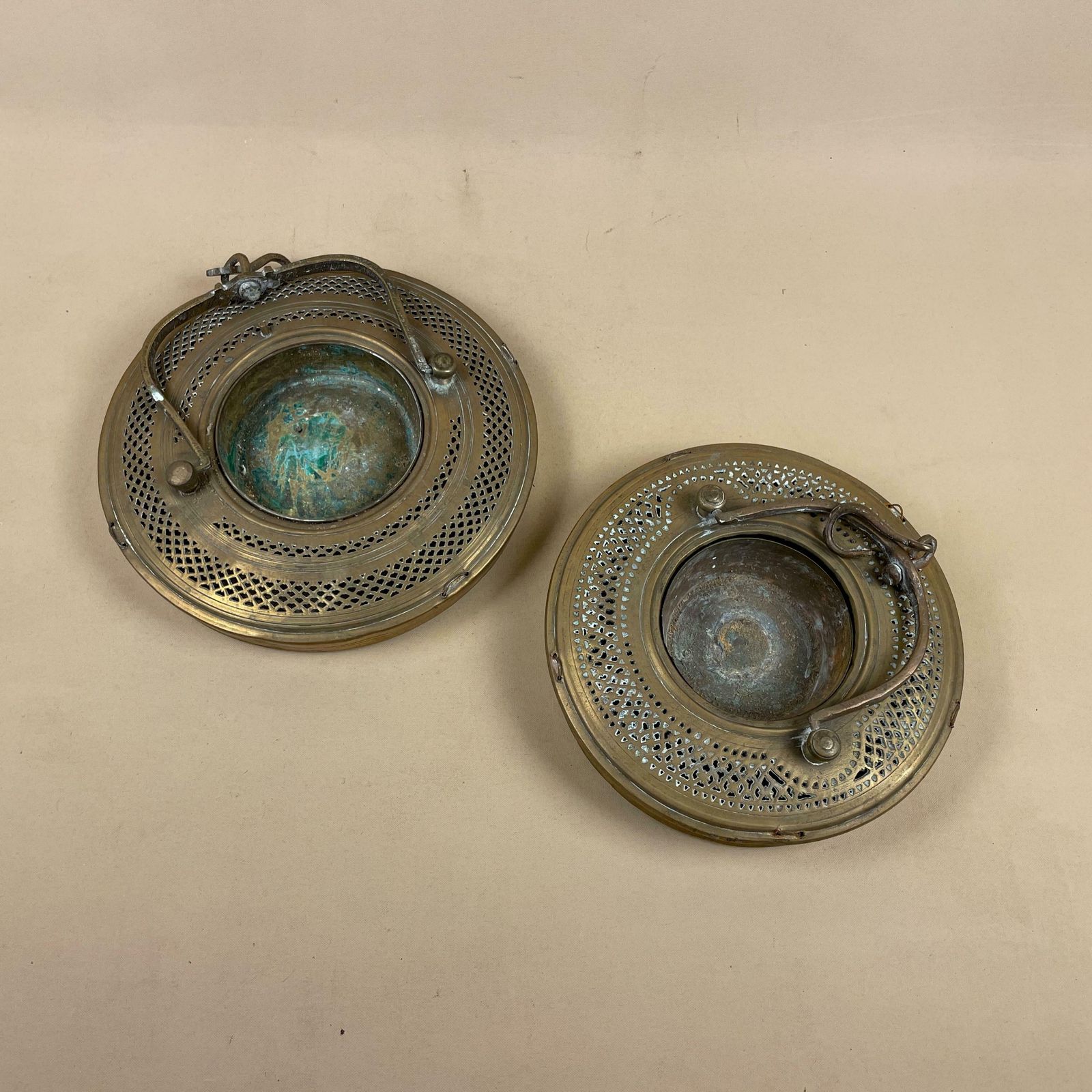 Two Antique Turkish Hanging Lanterns Metal Gold Brass Candle Holder Tea Light Candlestick Metal Work Pattern Handmade Traditional Round photo furniture