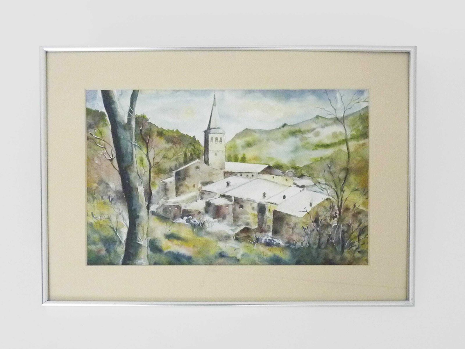 Original Watercolor Of Carani Church In The Mountains. Signed