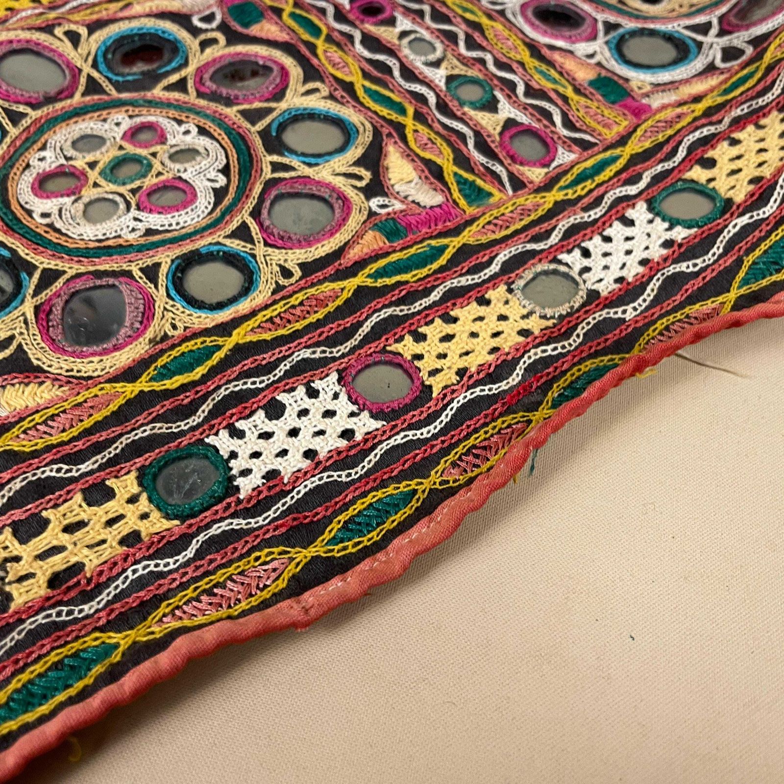 Antique Old Indian Fabric Hand Embroidered Pattern Tapestry Cotton Handmade Craft Traditional Cloth India Outfit Stitched Embellished Sewn photo vintage