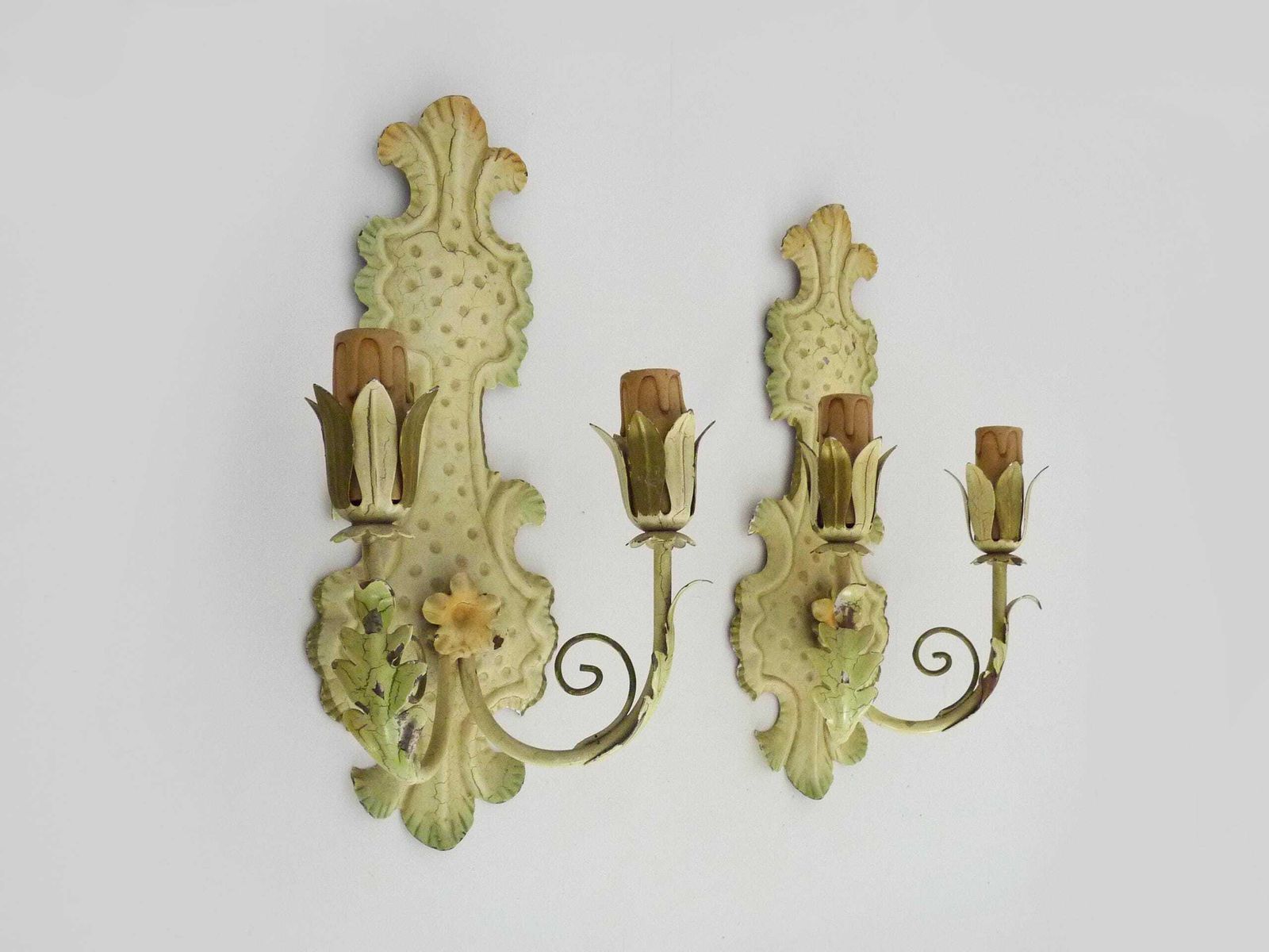 Pair Of Italian Wall Lights In Cream Colored Sheet Metal. 70s photo for sale