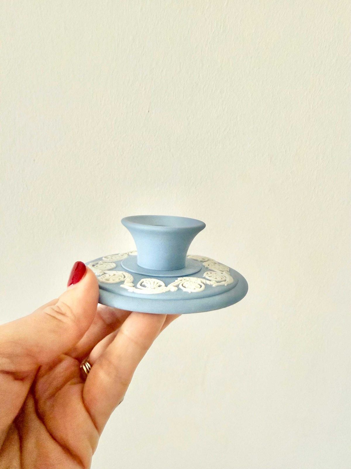 Pair Of Round Baby Blue Jasper Ware Candlesticks With Raise Decoration Of White Antique Pattern Wedgwood photo vintage