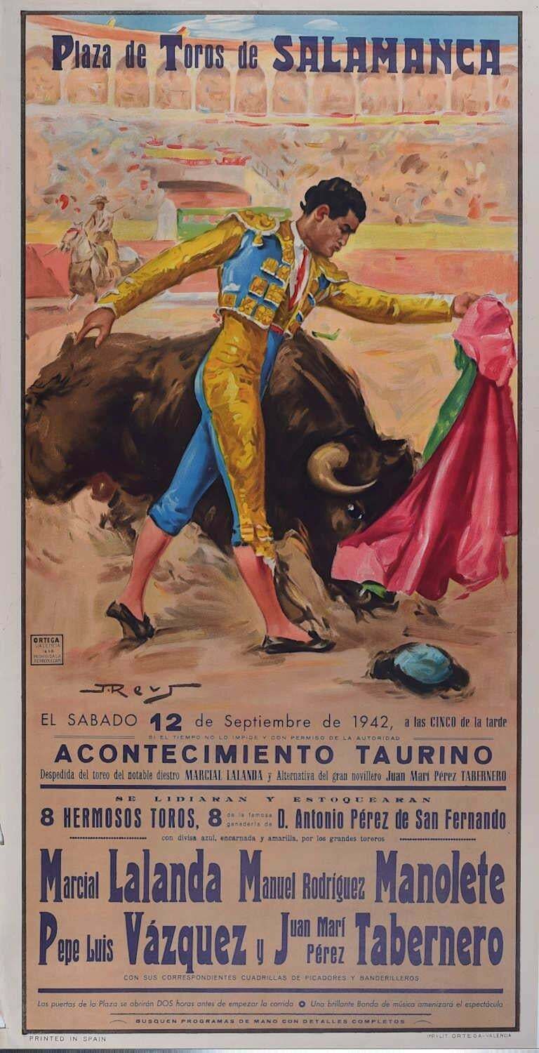 Juan Reus, Bullfighting Poster With Manuel Rodriguez Manolete, Salamancar 12 September 1942
