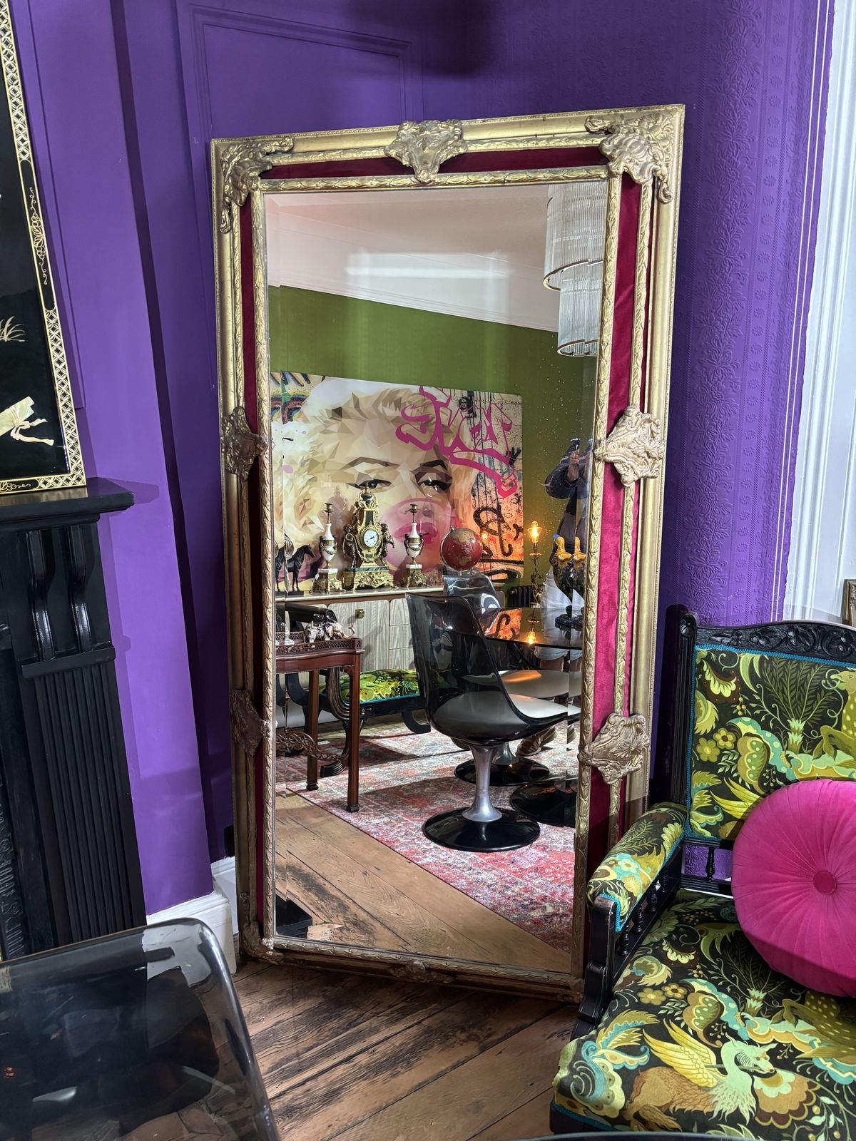Large Gilt And Red Velvet Framed Beveled Edge French Mirror