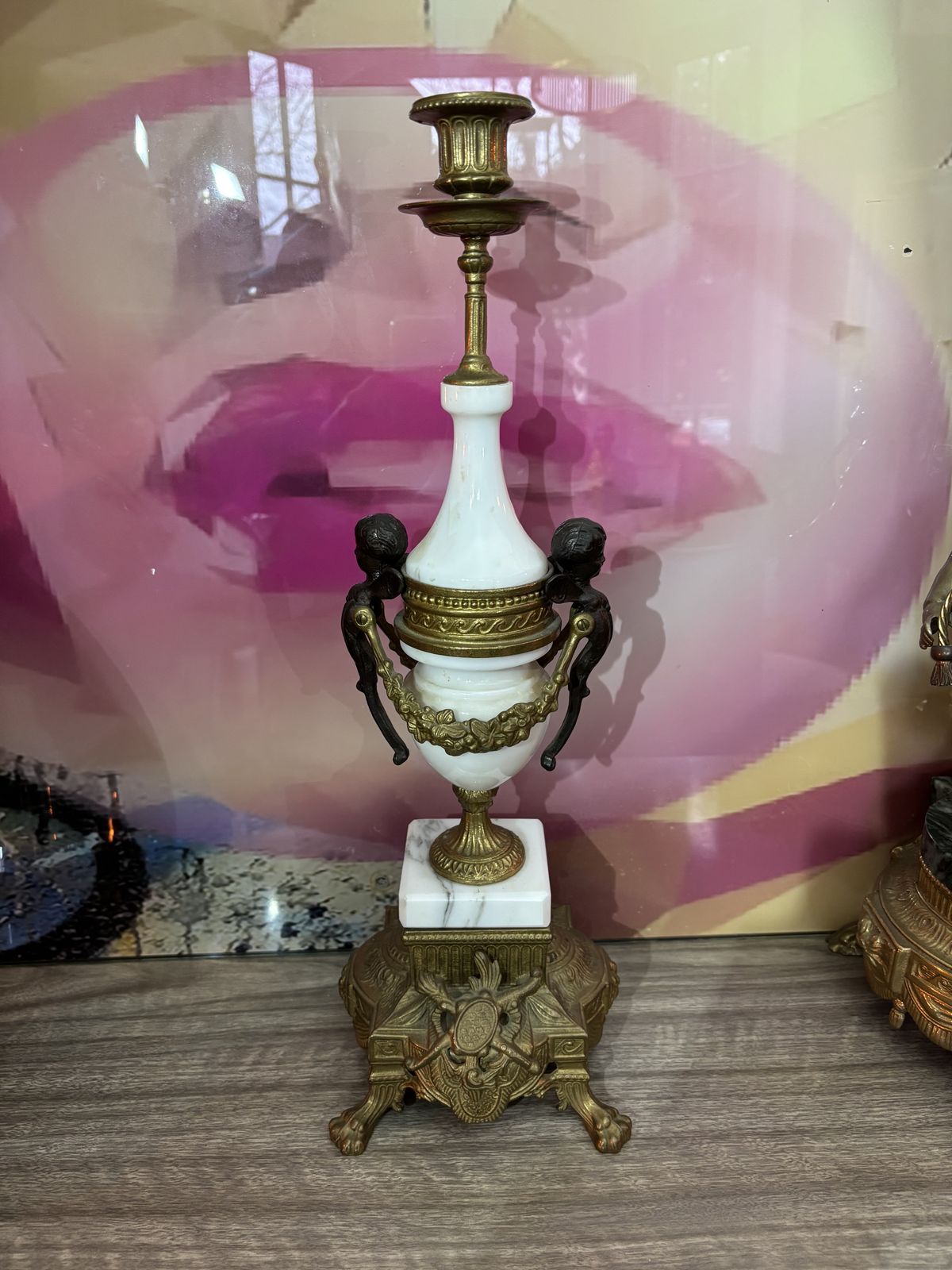 Pair Of Marble And Brass Clock Garnitures With Cherubs