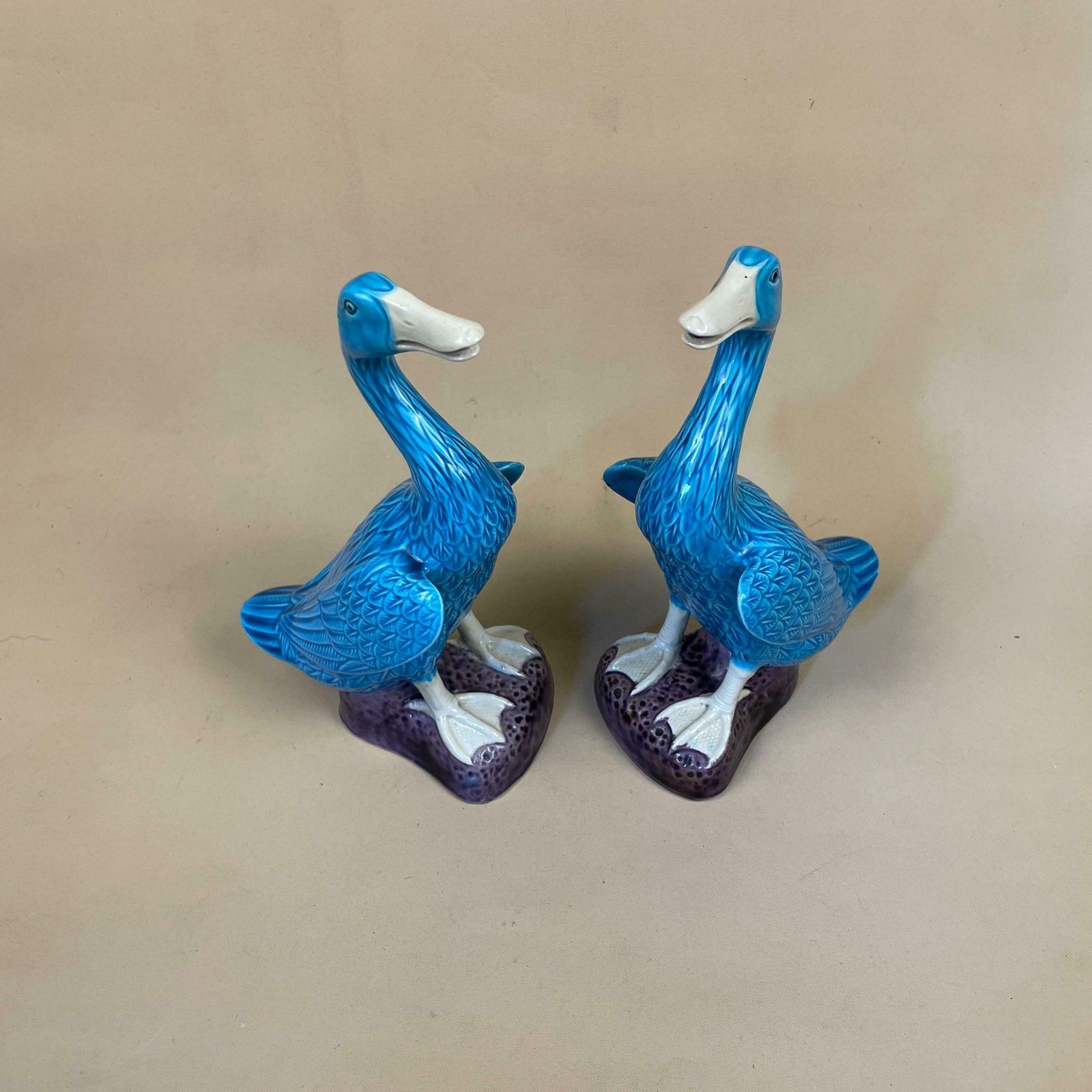 Ceramic Oriental Chinese Ducks Ornament Statue Mantle Piece Porcelain Sculpture Statue Ornament Vintage Mid Century Antique Blue Purple Bird photo furniture