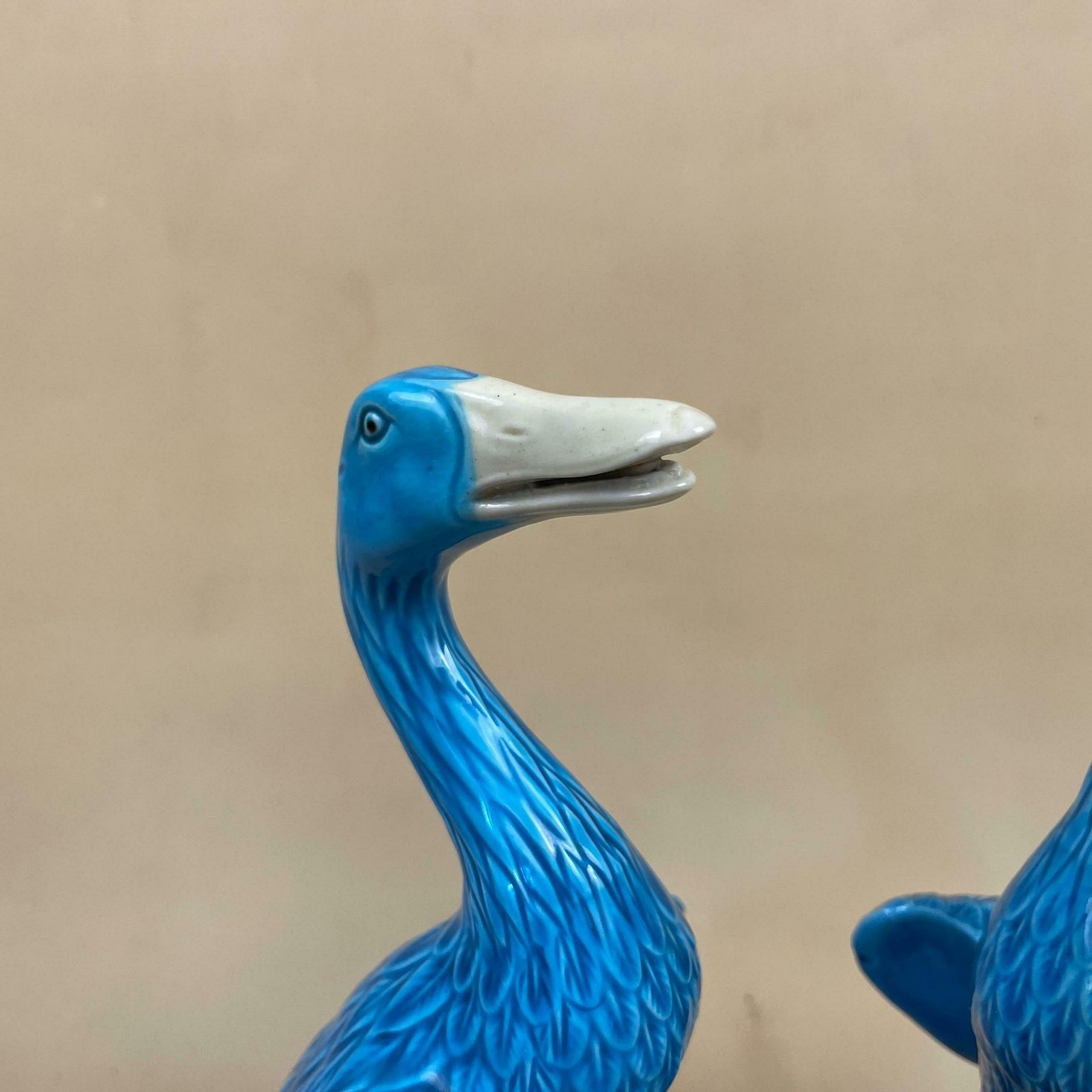 Ceramic Oriental Chinese Ducks Ornament Statue Mantle Piece Porcelain Sculpture Statue Ornament Vintage Mid Century Antique Blue Purple Bird photo Art